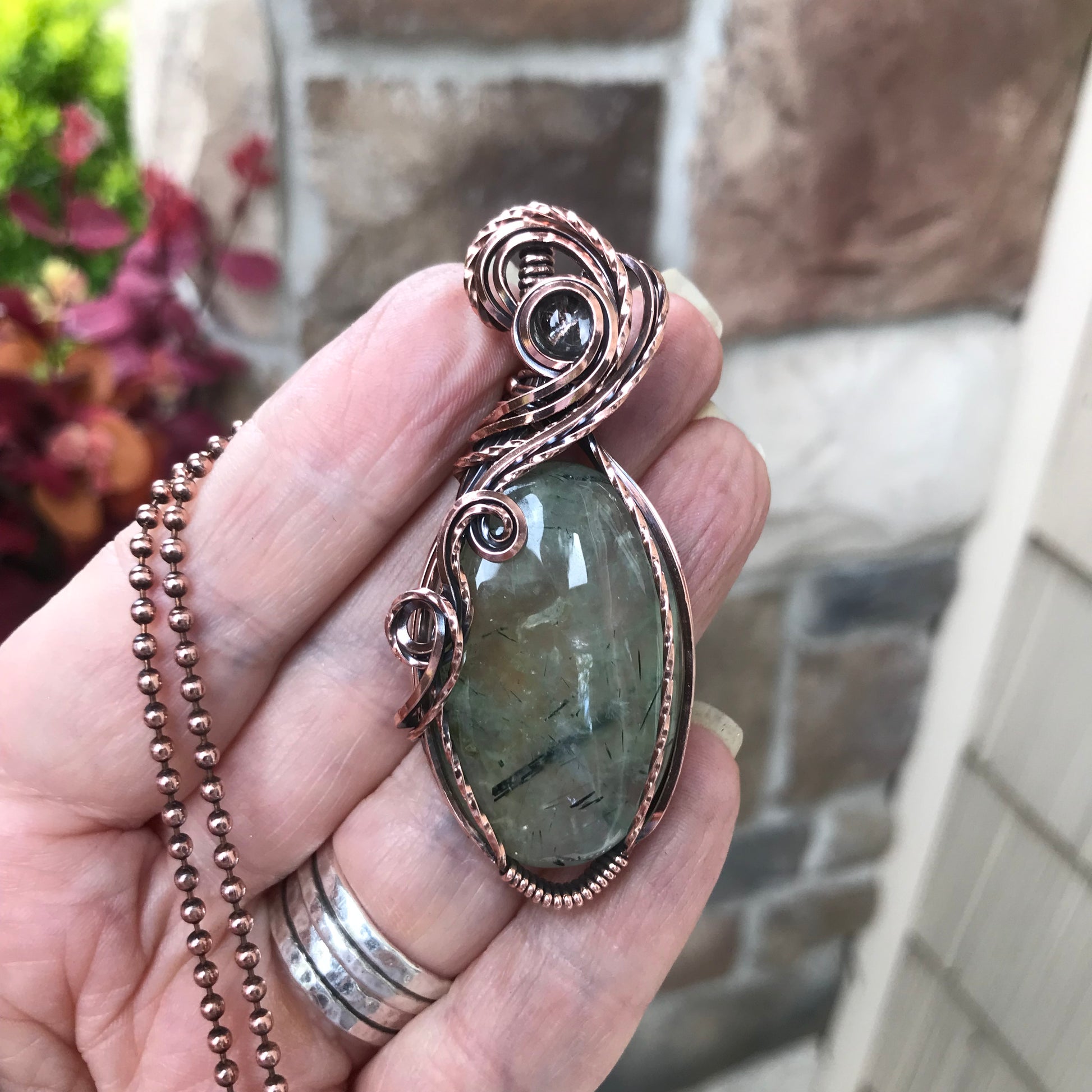 Prehnite & Prasiolite Swirly Copper Pendant