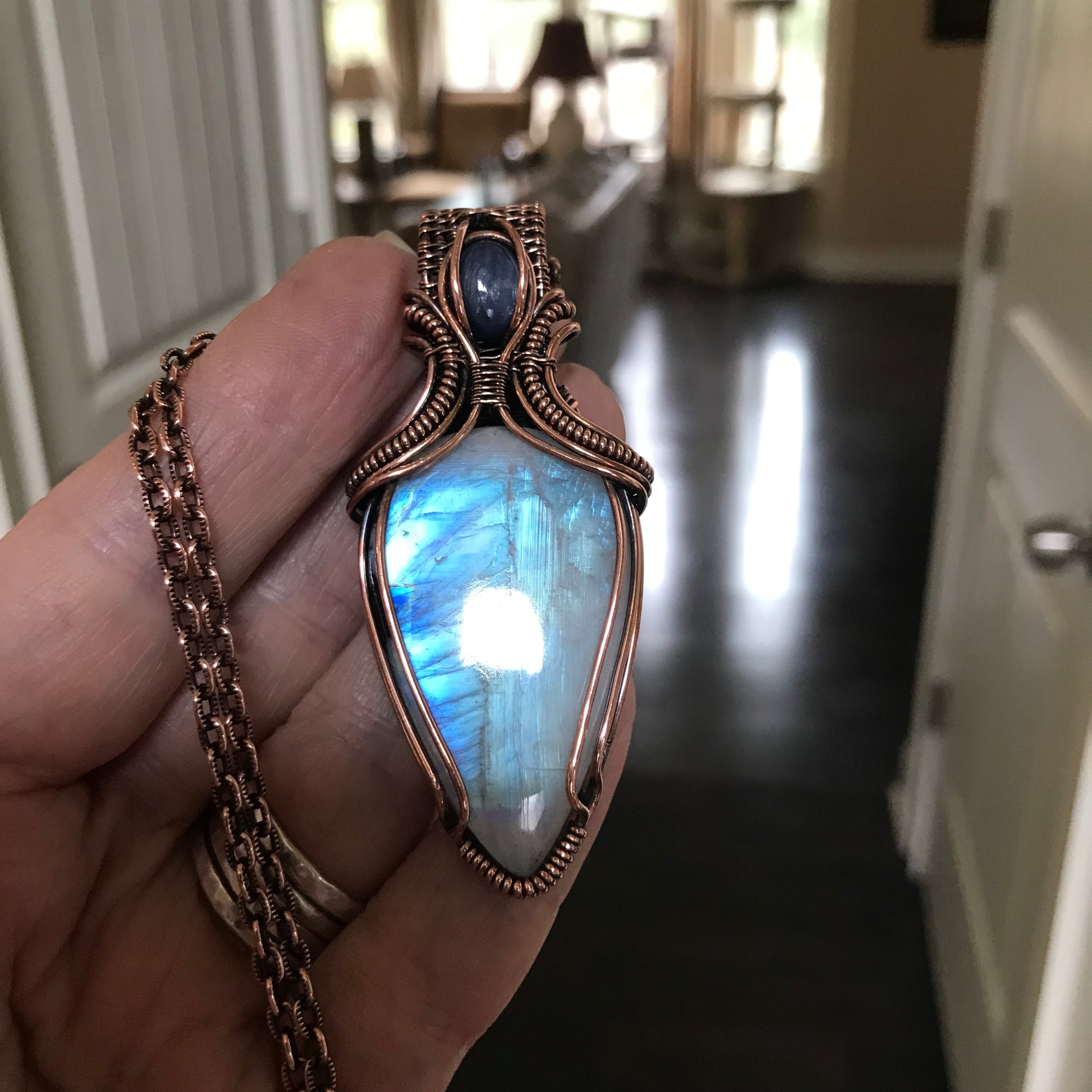 RESERVED - Rainbow Moonstone w/Black Tourmaline & Kyanite Copper Pendant