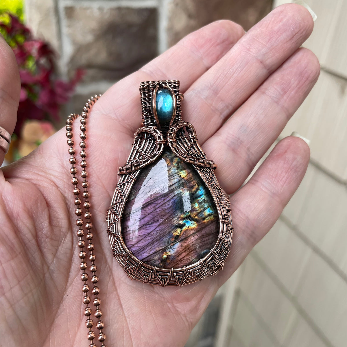 Purple Blue Labradorite  Copper Woven Pendant
