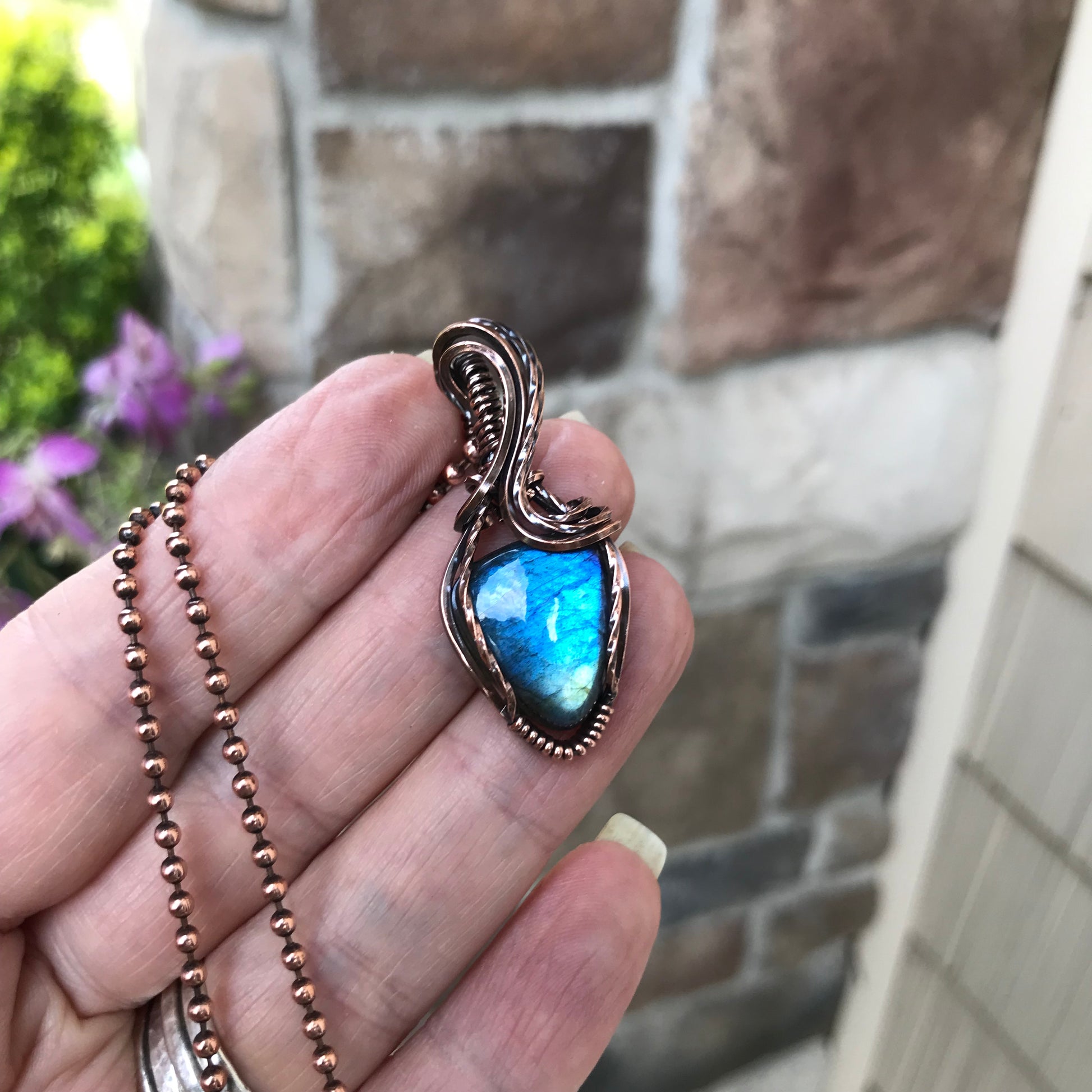 Blue Teal Labradorite Small Copper Pendant
