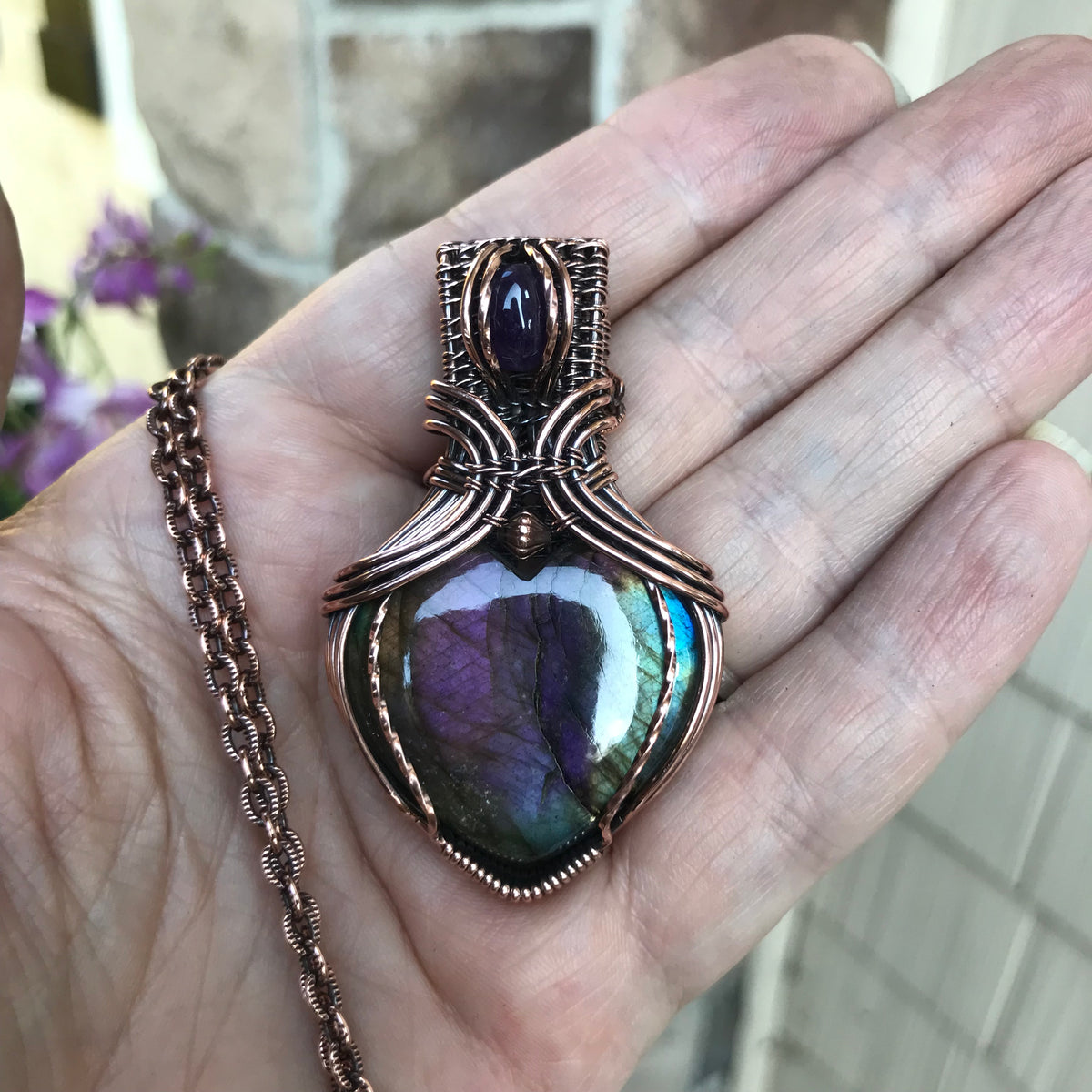 Rainbow Labradorite & Amethyst Copper Pendant