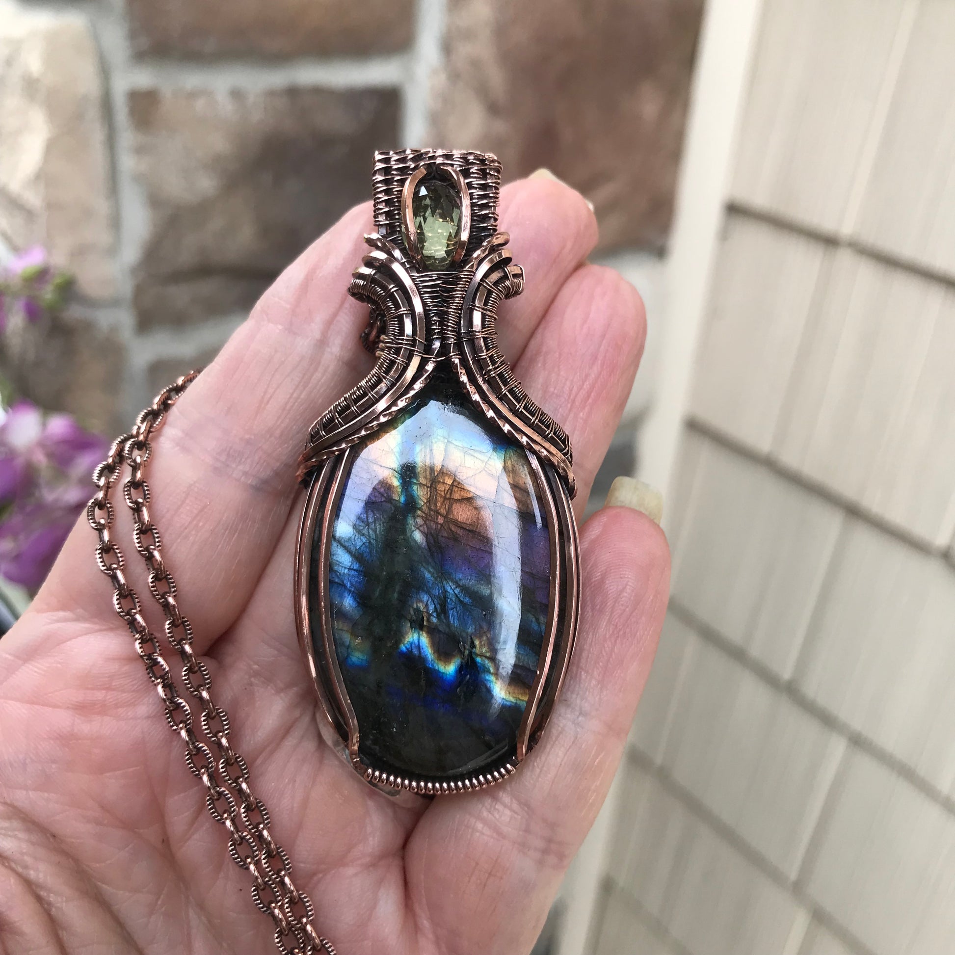Rainbow Labradorite & Lemon Quartz Copper Pendant with Woven Bail