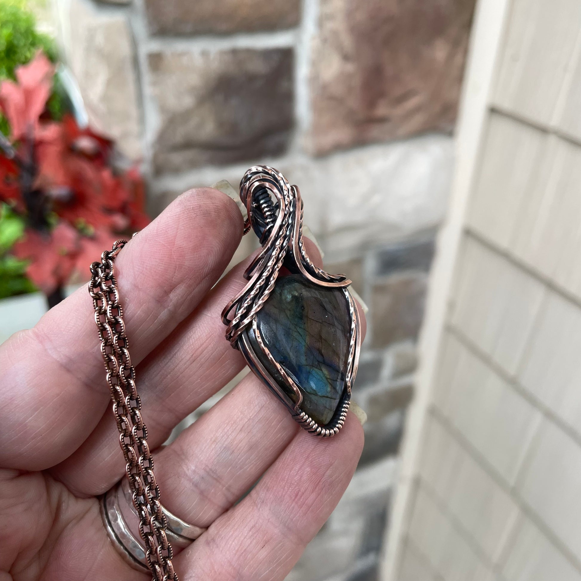 Teal Amber Blue Labradorite Copper Necklace