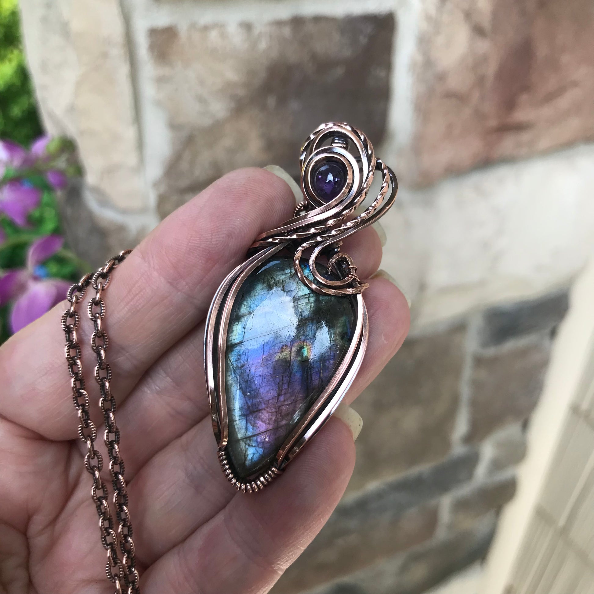 Blue Purple Labradorite & Amethyst Large Copper Pendant