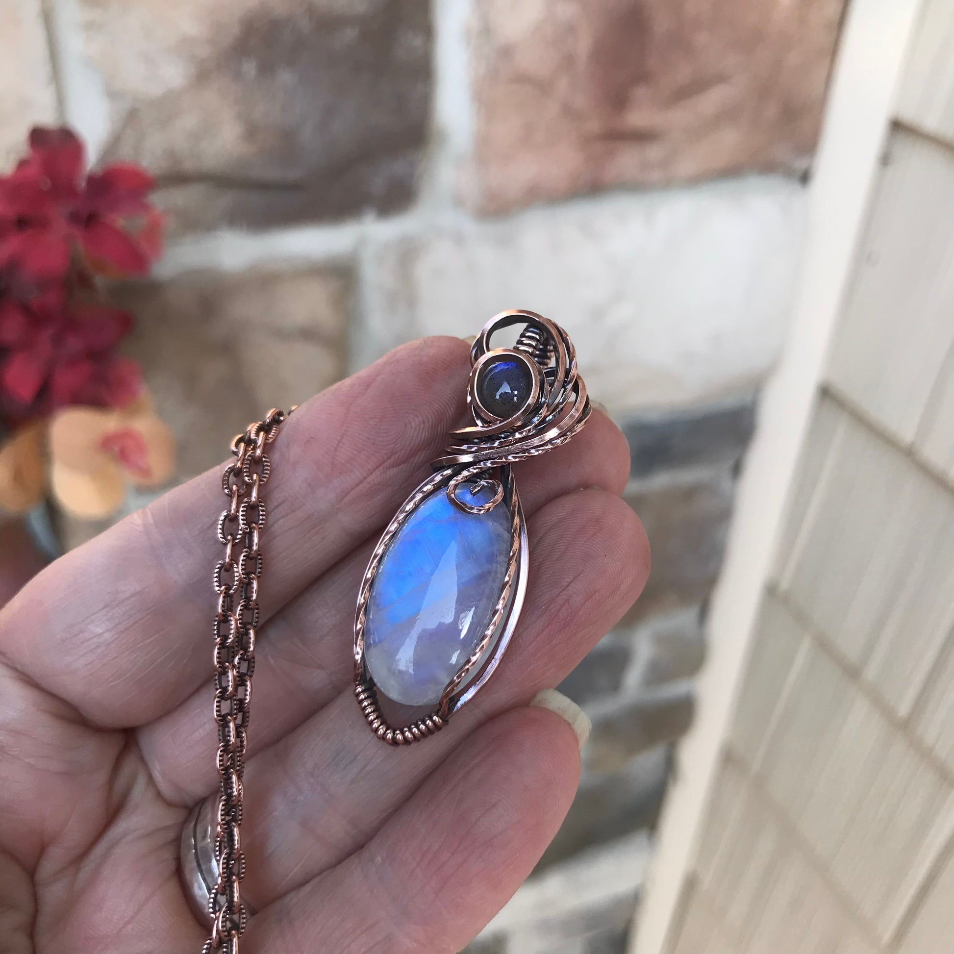 Moonstone & Blue Labradorite Copper Pendant