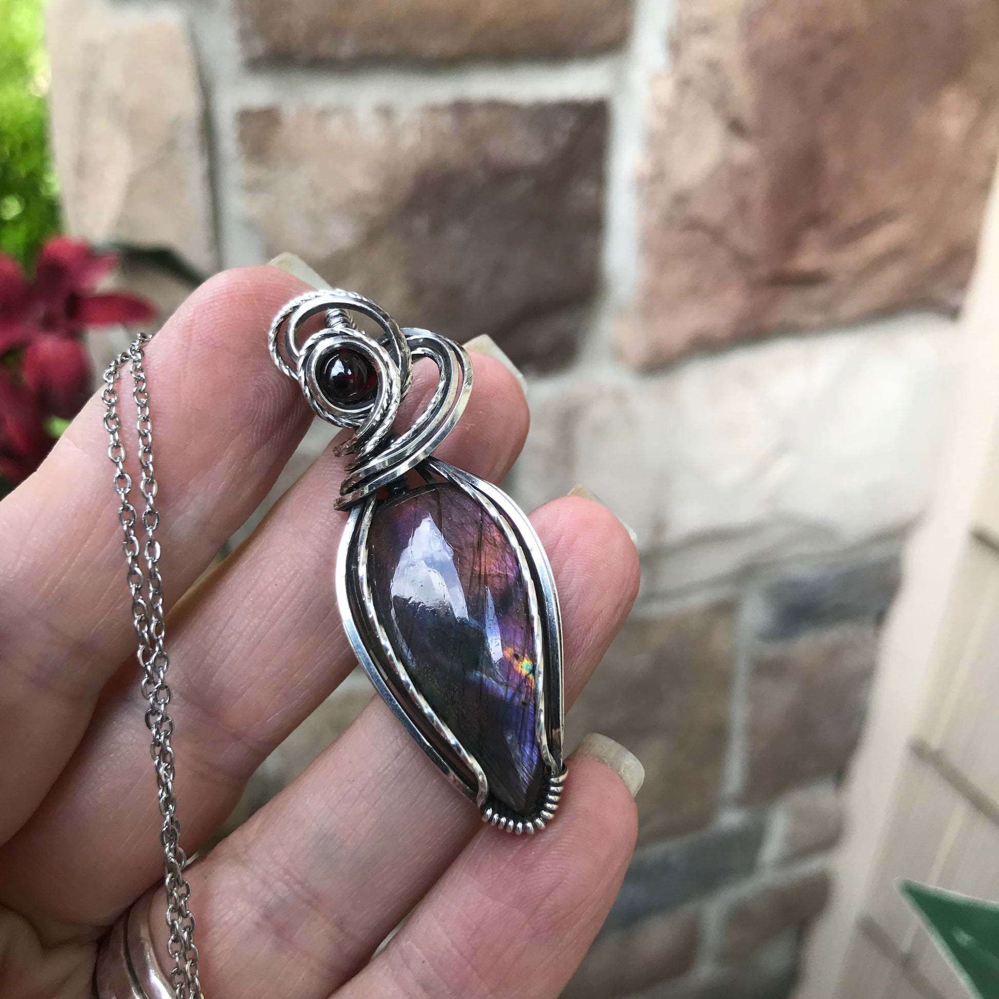 Maroon Amber Labradorite & Garnet Sterling Silver Pendant