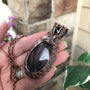 Purple mauve labradorite copper wire weave woven pendant with garnet by Moonlet Jewelry