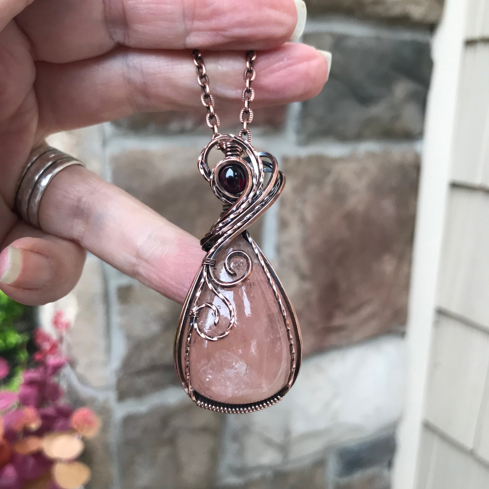 Morganite & Garnet Copper Swirly Necklace