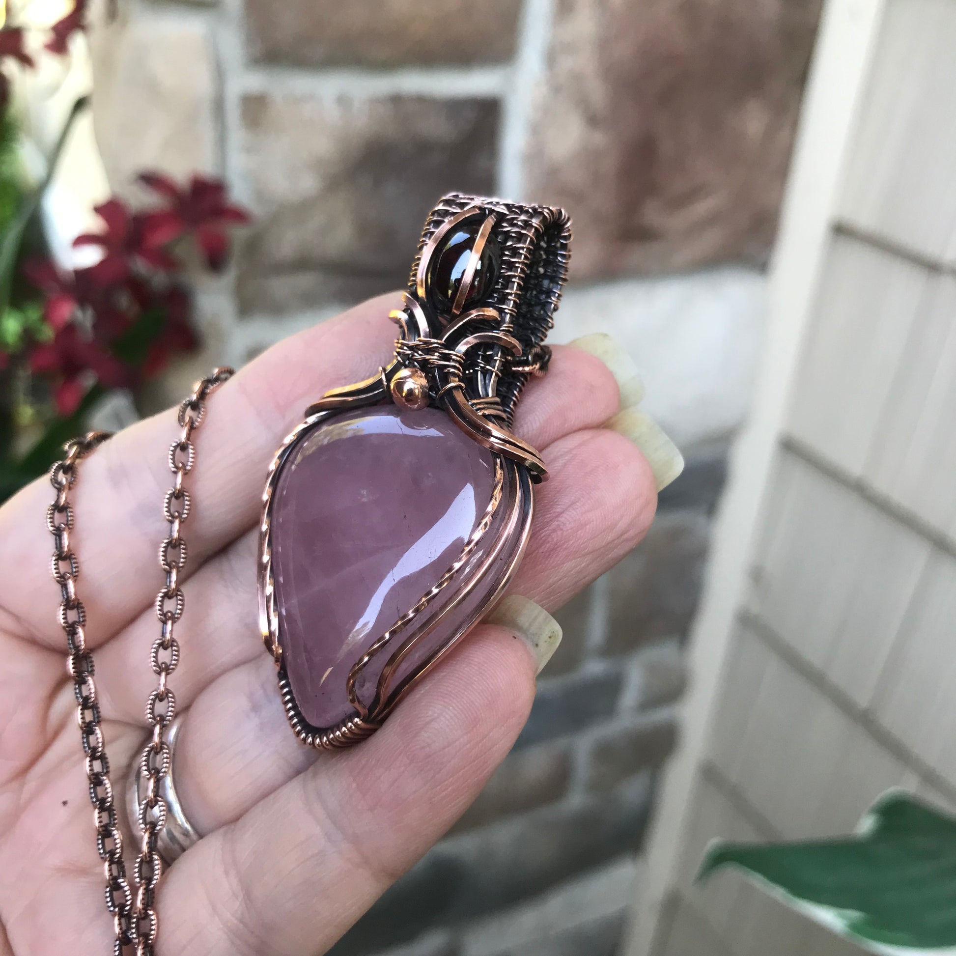 RESERVED for K - Rose Quartz & Garnet Copper Necklace with Weaving