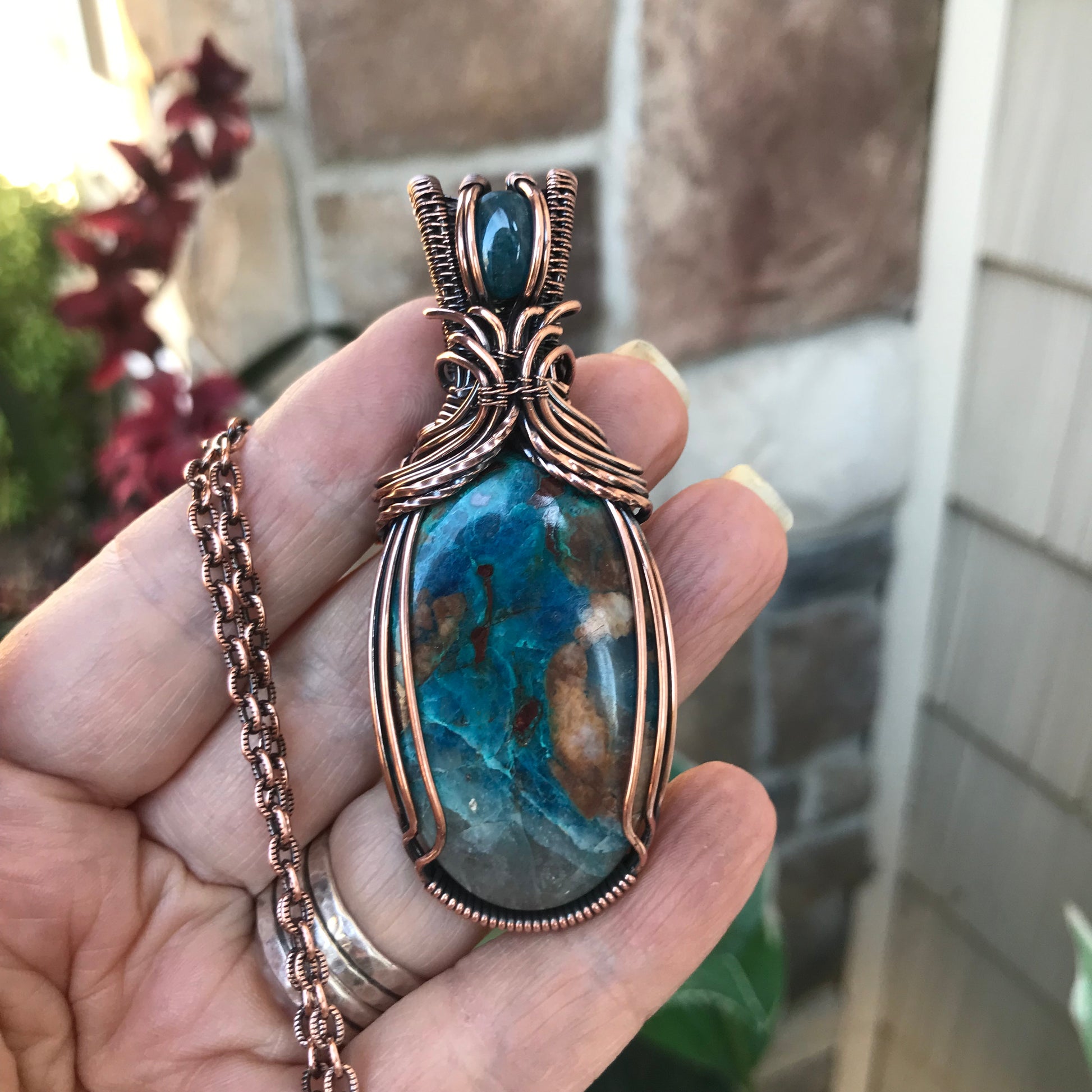 Chrysocolla & Apatite Copper Pendant