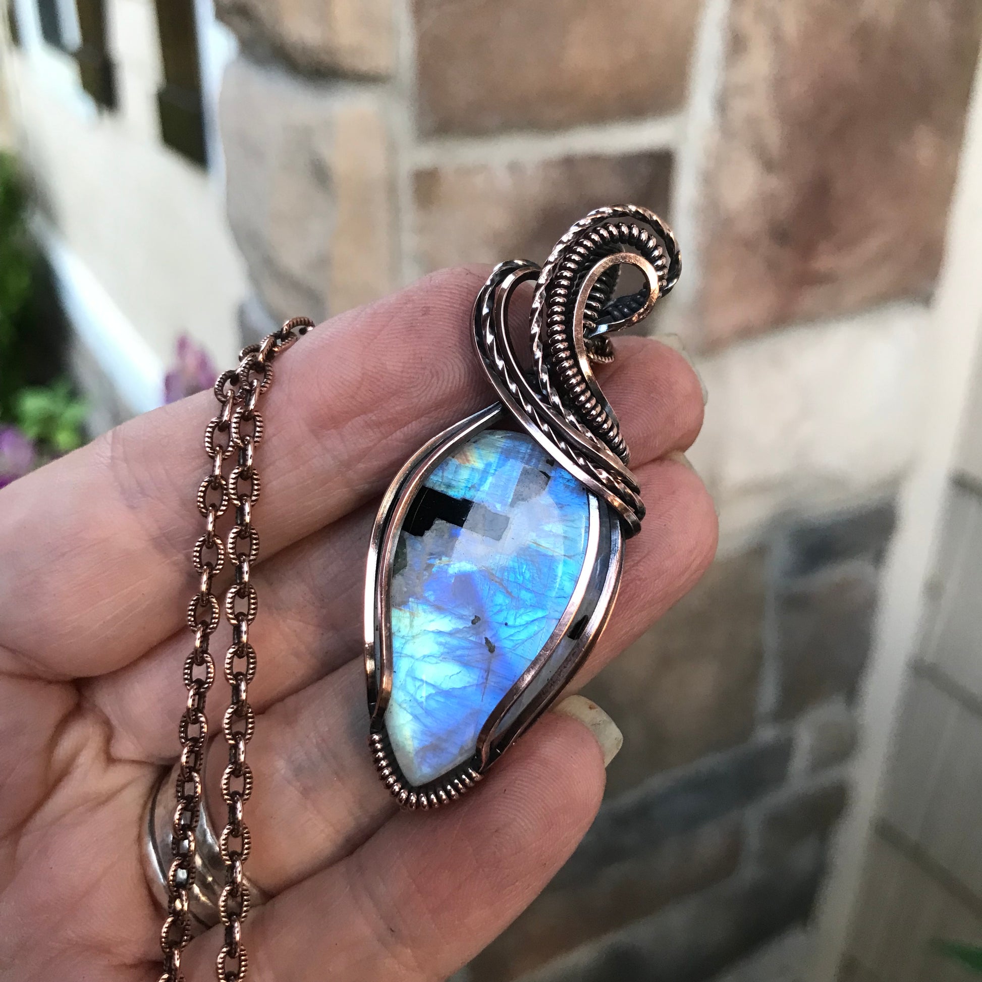 Rainbow Moonstone with Black Tourmaline Copper Pendant