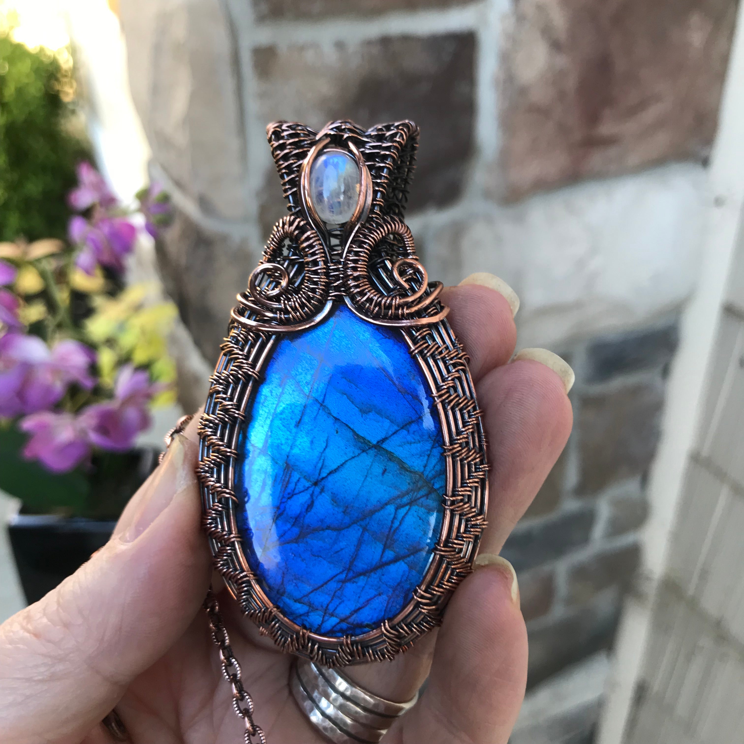 Blue Labradorite & Moonstone Copper Wire Weave Necklace