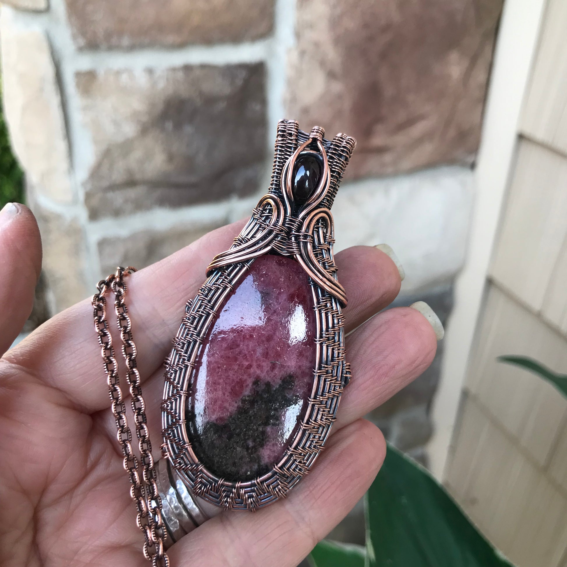 Rhodonite & Garnet Woven Copper Pendant