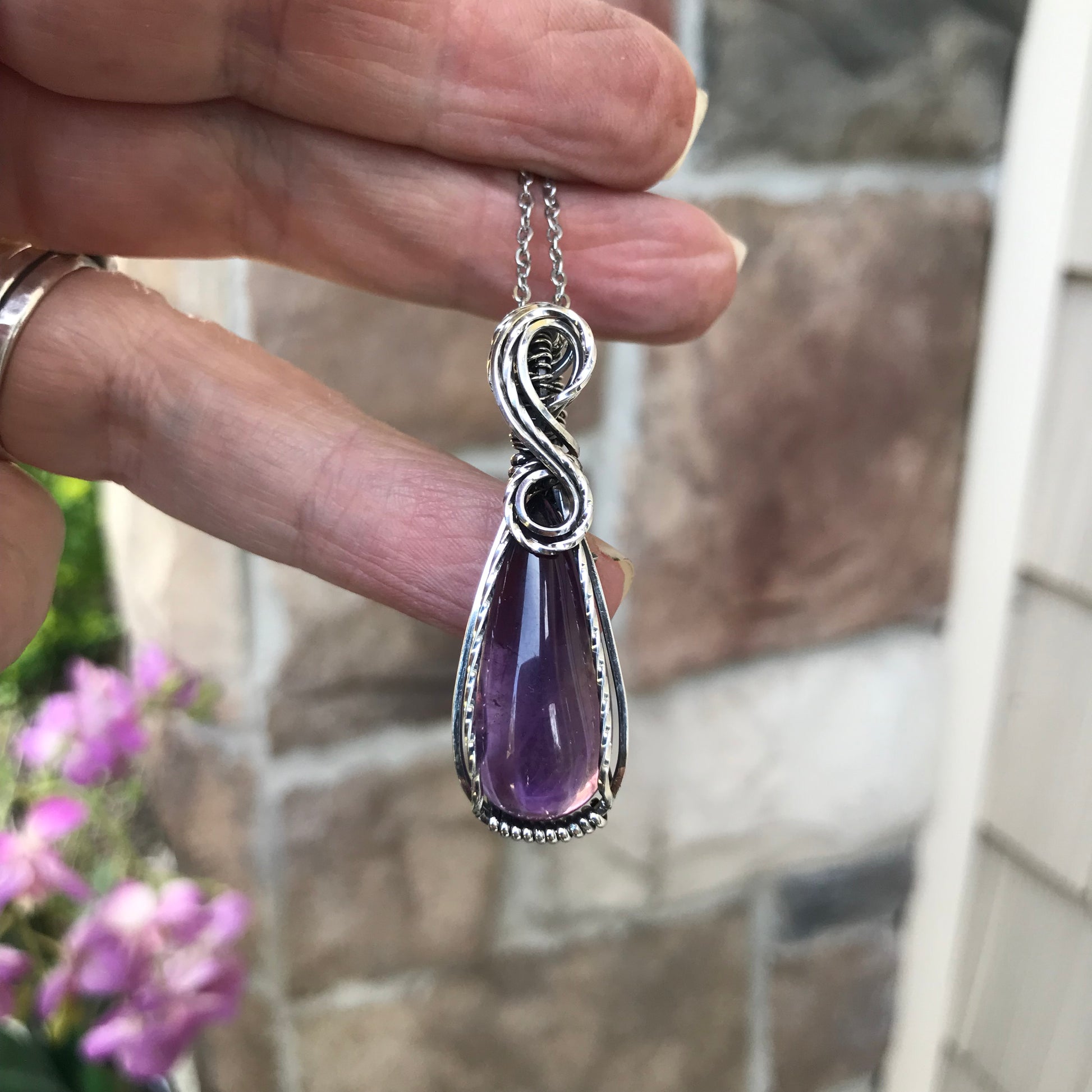Amethyst Slender Teardrop Silver Necklace