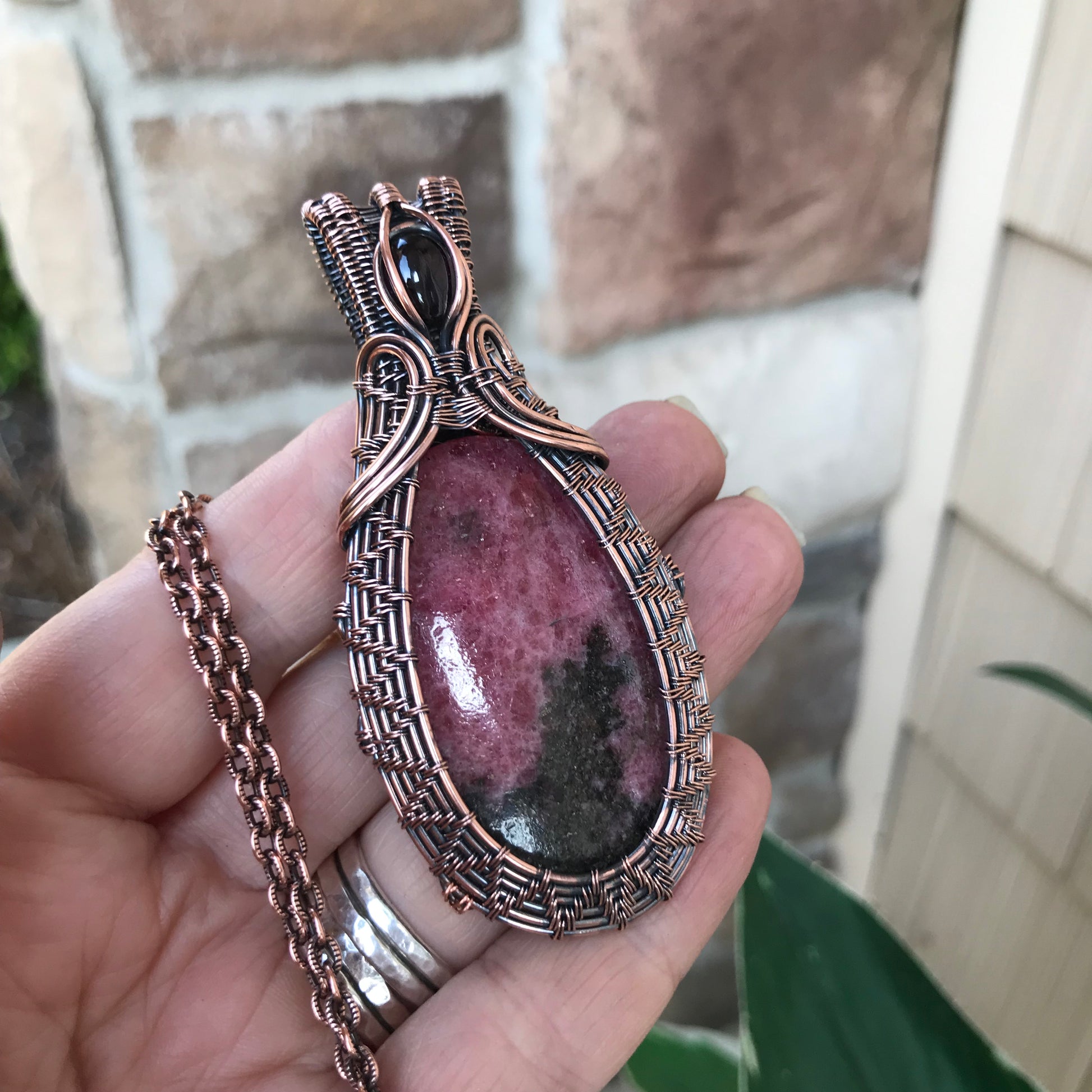 Rhodonite & Garnet Woven Copper Pendant