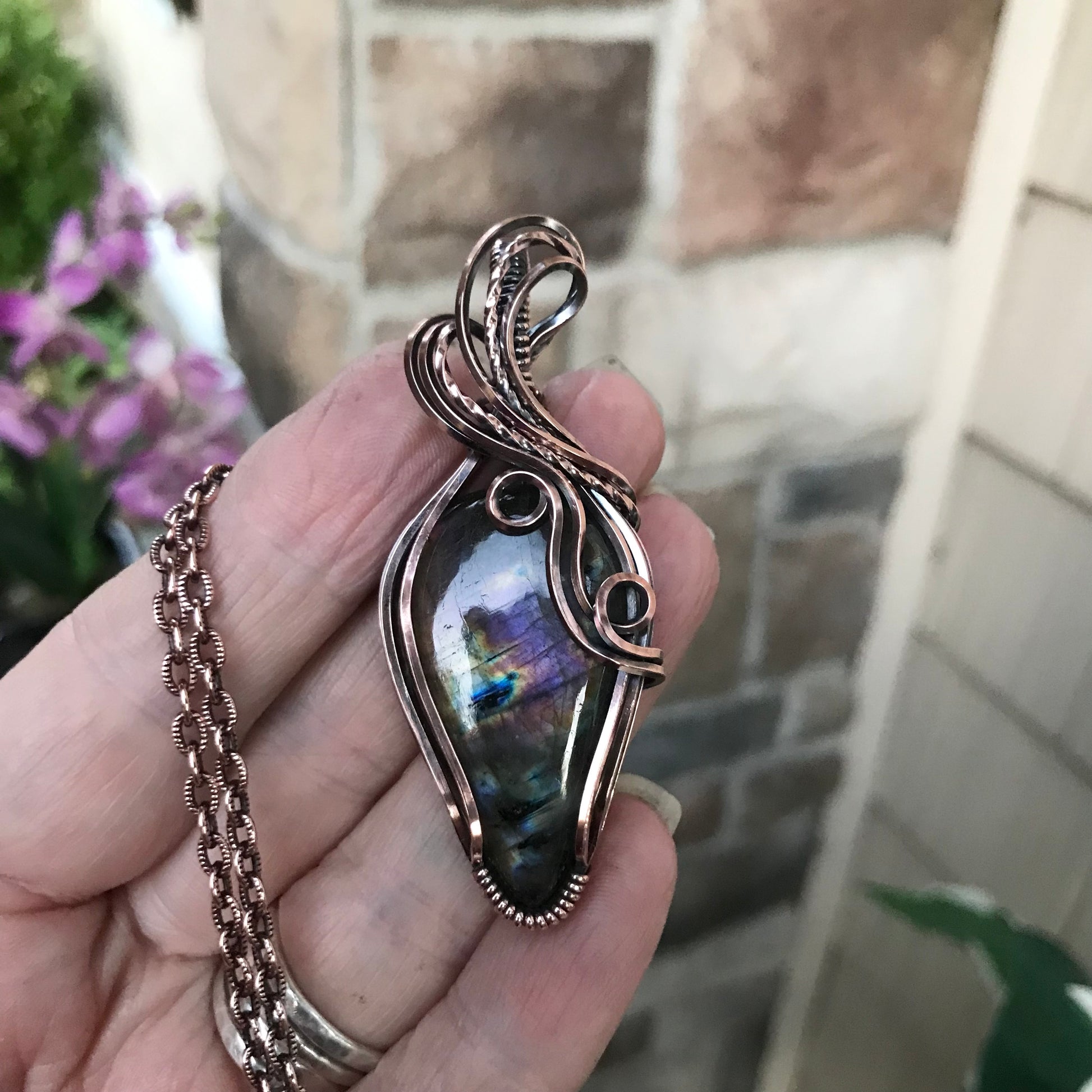 Purple Pink Labradorite Swirly Copper Necklace