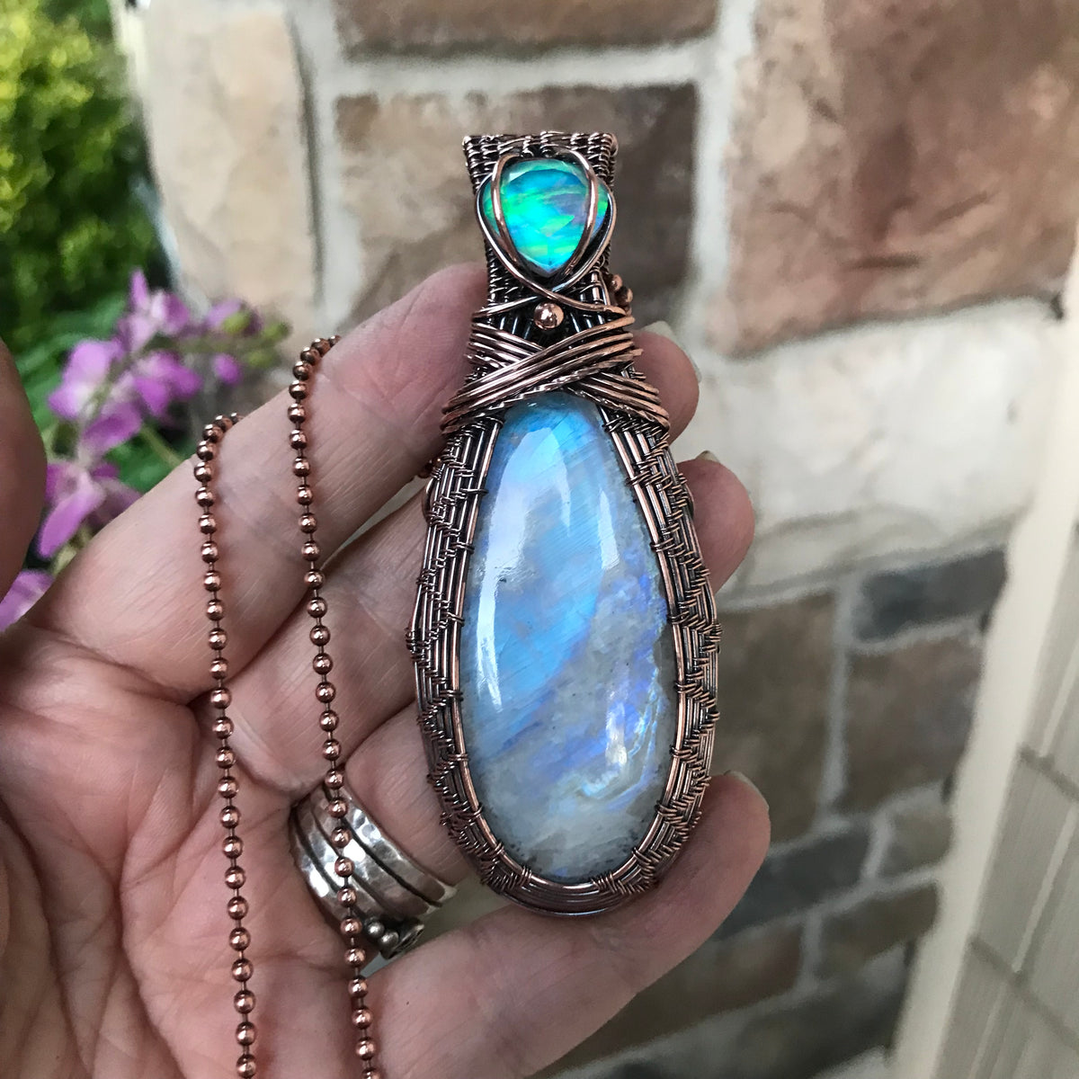RESERVED - Rainbow Moonstone & Aurora Opal Copper Woven Pendant