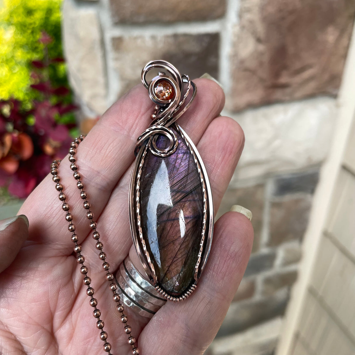 Purple Amber Labradorite & Sunstone Slender Copper Pendant