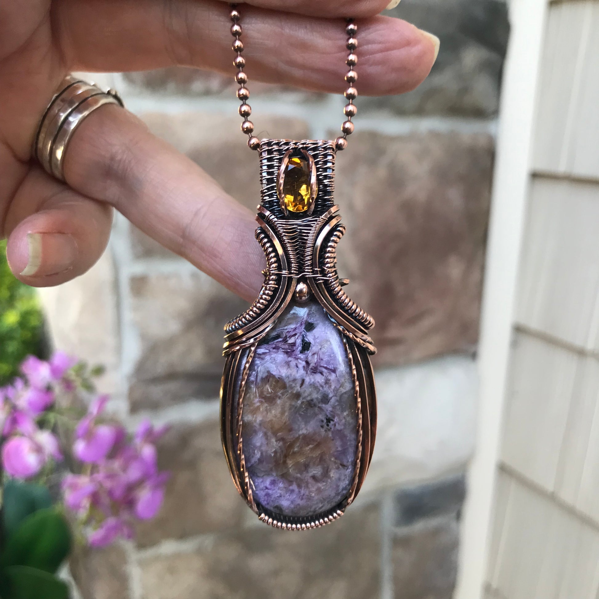 Charoite & Citrine Copper Pendant with Weaving