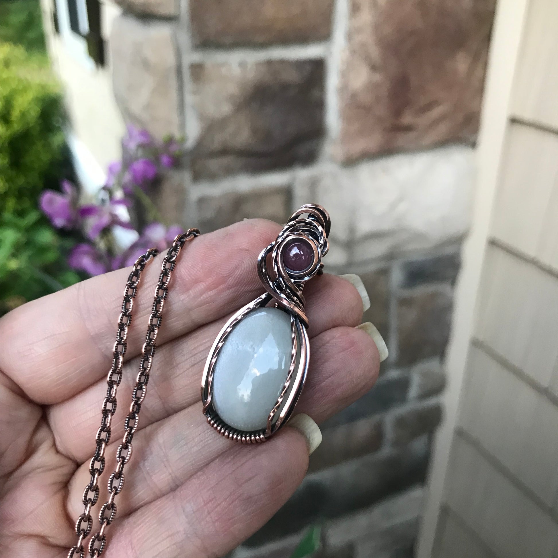 White Moonstone & Ruby Oval Copper Necklace