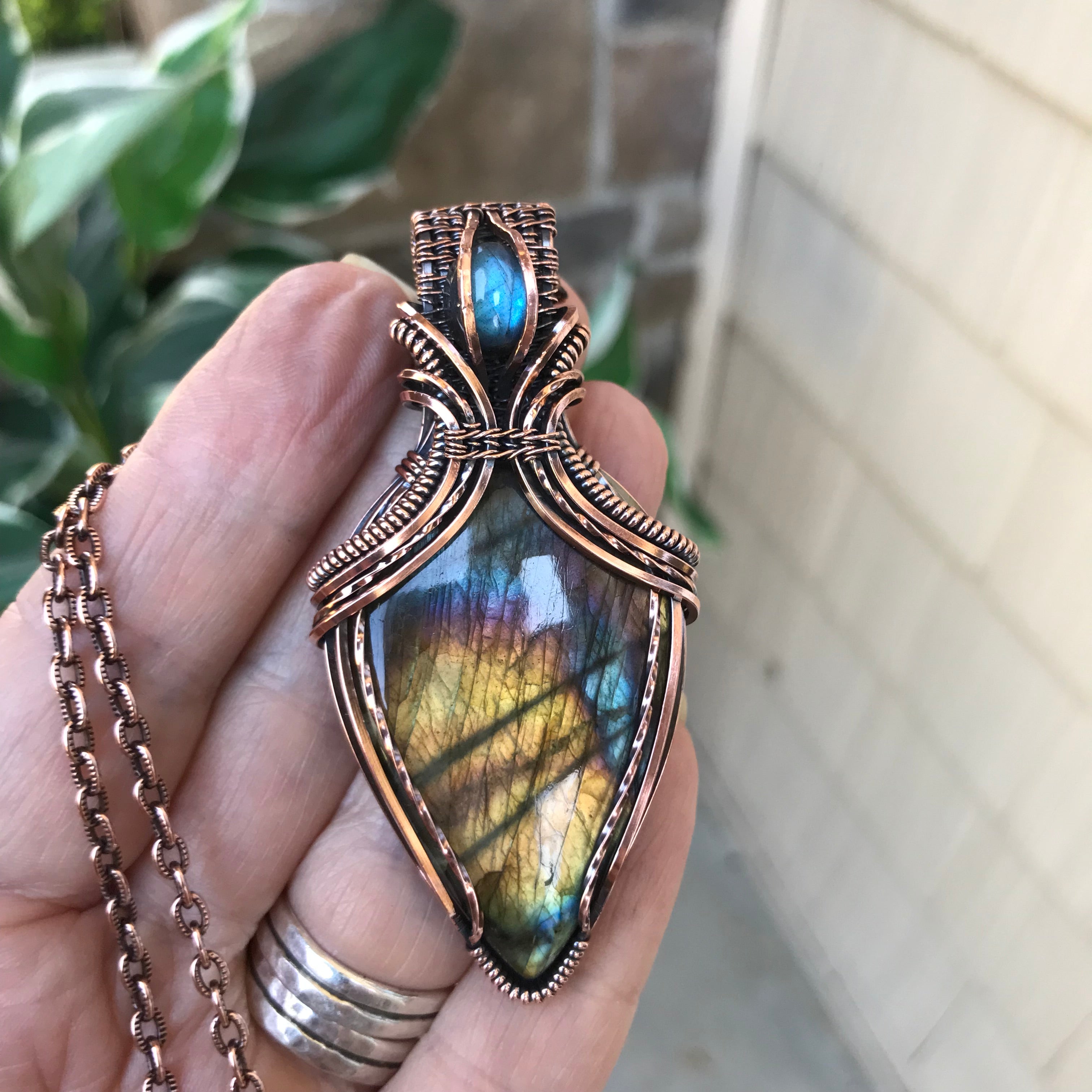 Yellow Rainbow Labradorite Copper Pendant with Weaving