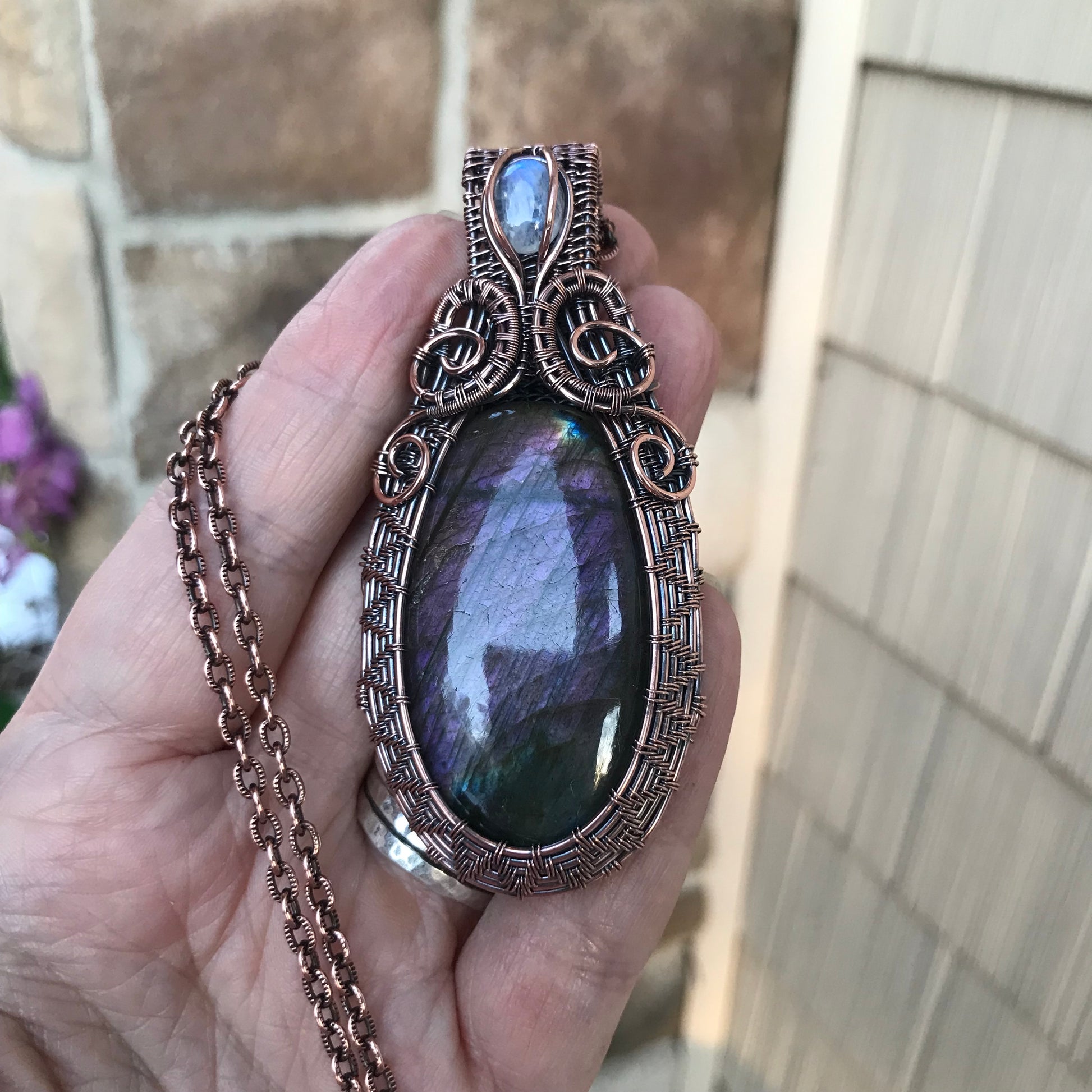 Purple Labradorite & Moonstone Oval Woven Copper Pendant