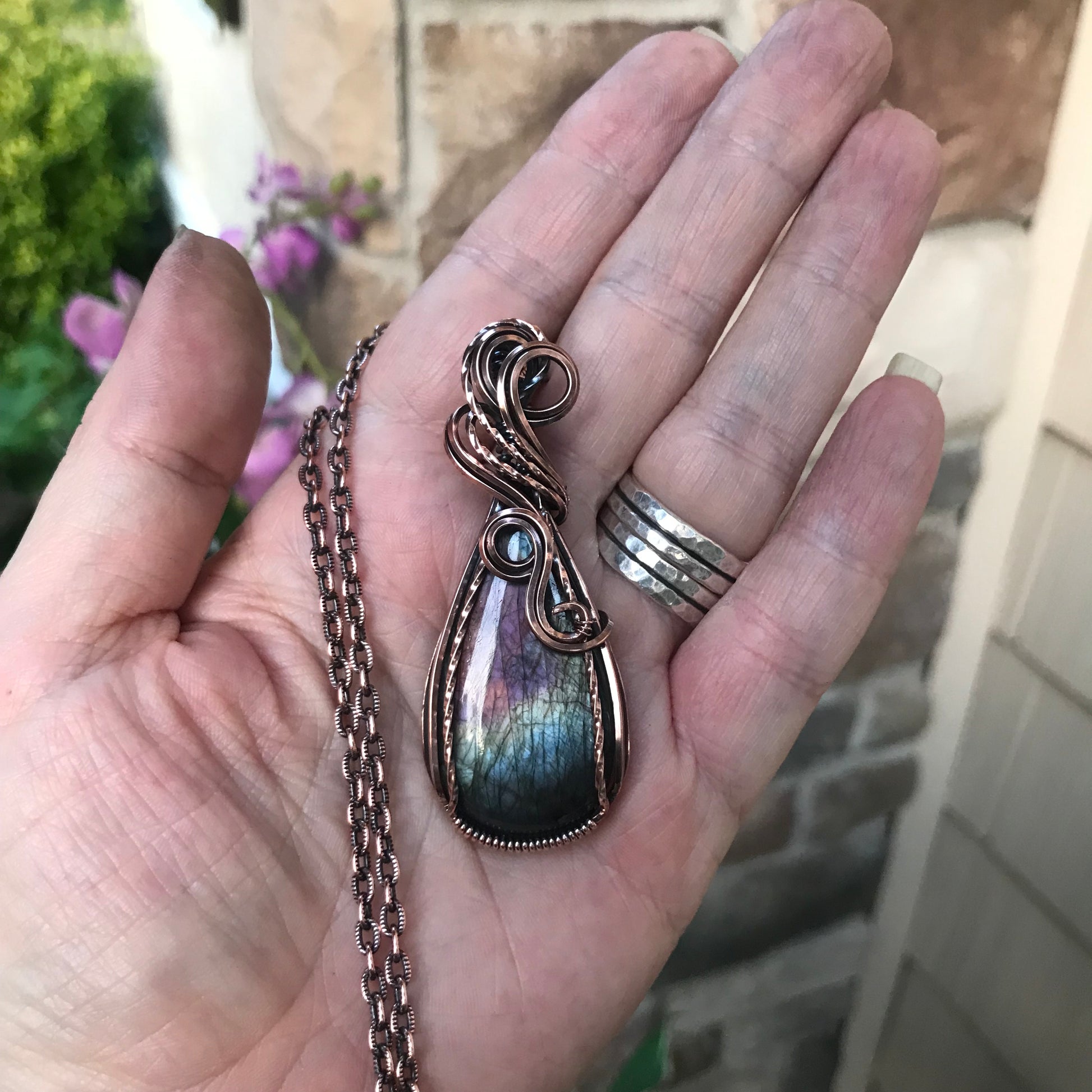 Green & Purple Labradorite Copper Pendant