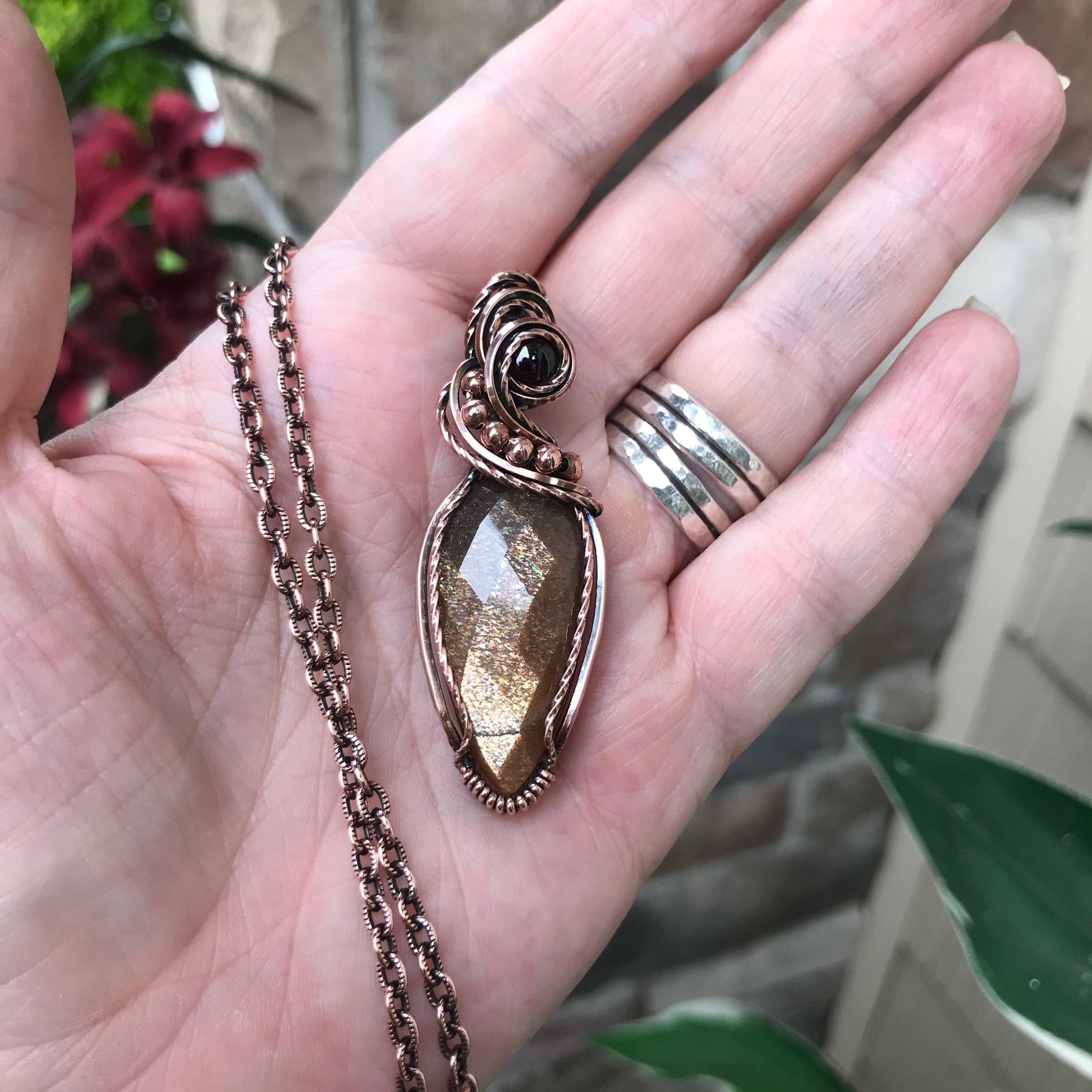Sunstone & Garnet Copper  Pendant
