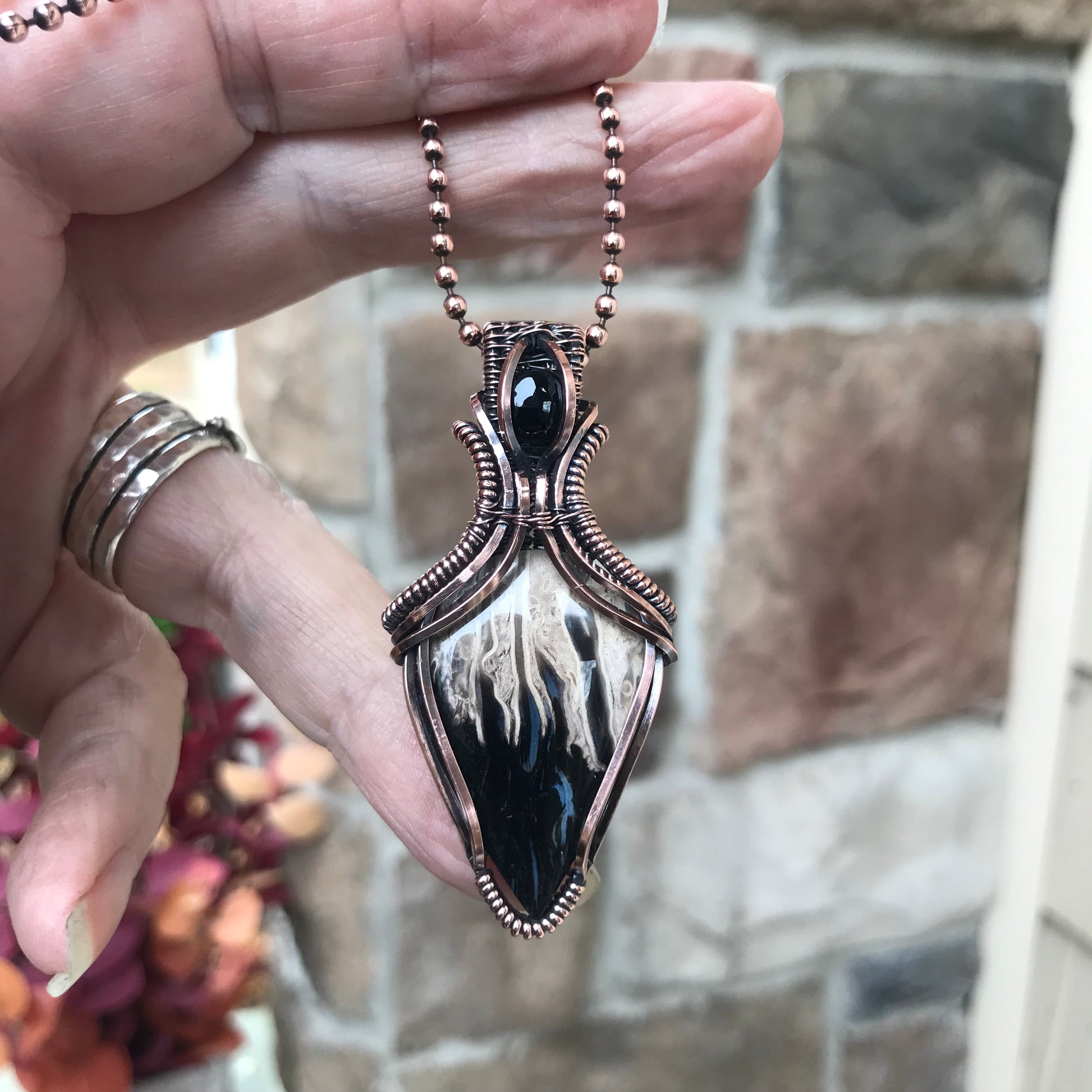 Petrified Palm Wood & Onyx Copper Necklace with Weaving