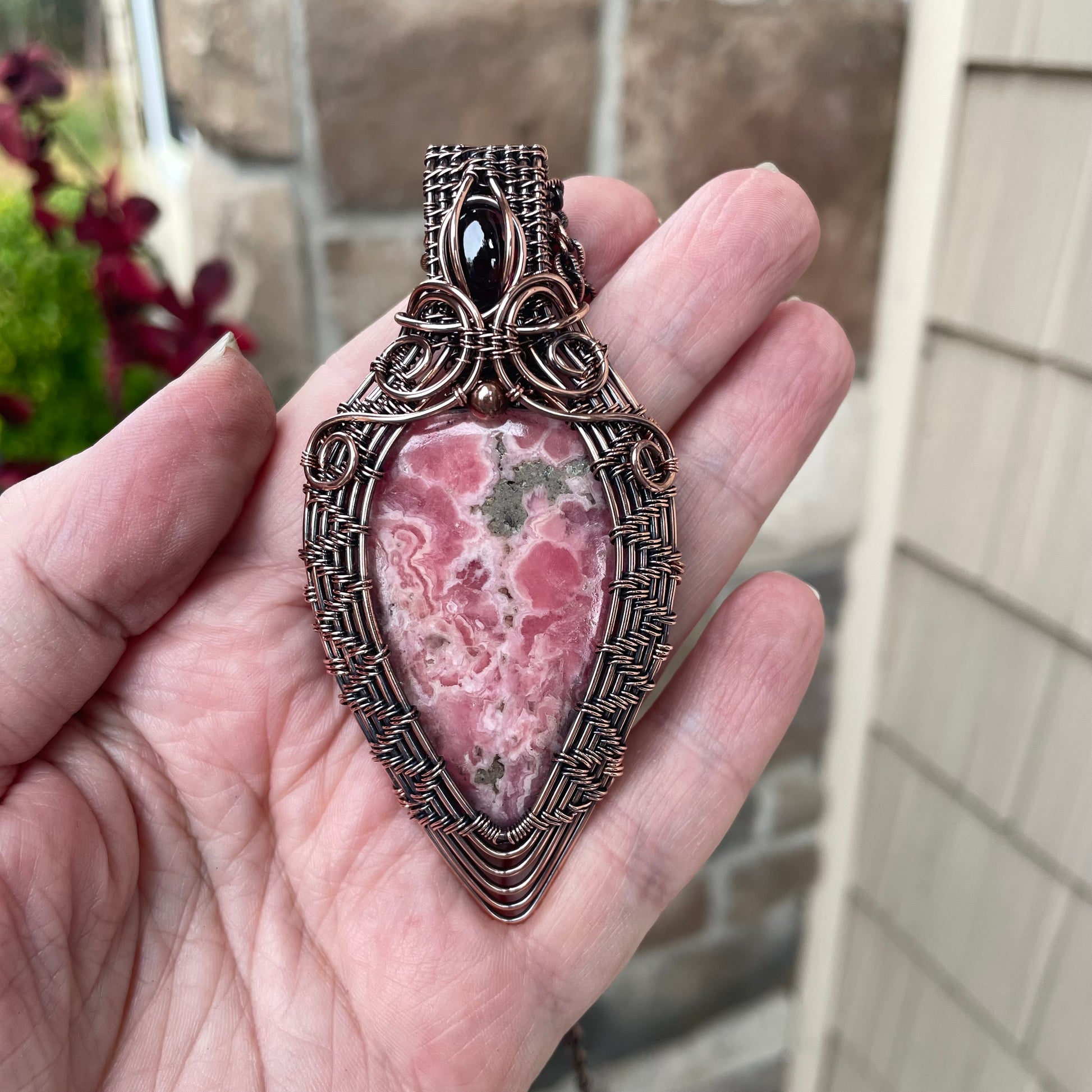 Rhodochrosite & Garnet Woven Copper Pendant