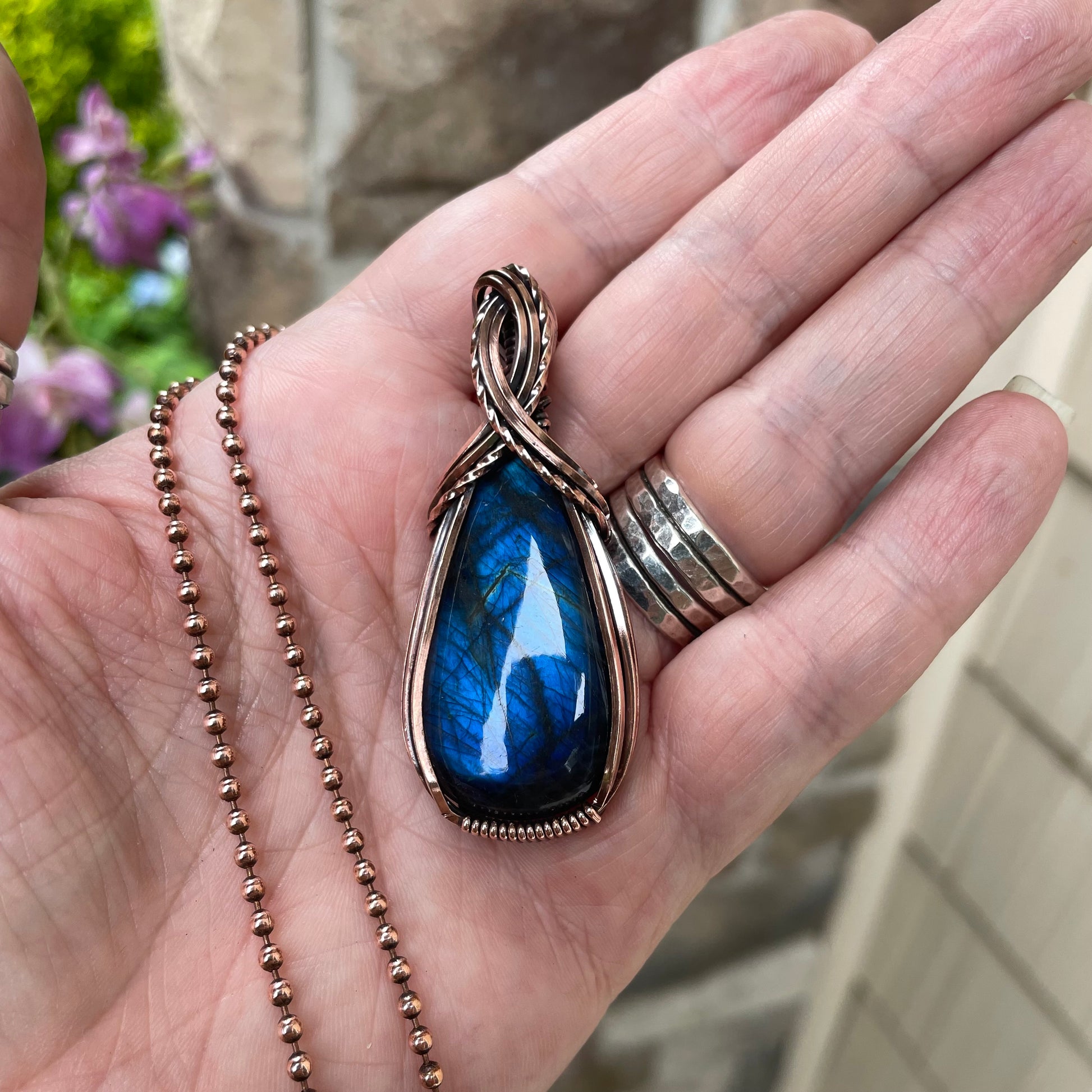 Blue Labradorite Criss Cross Copper Pendant