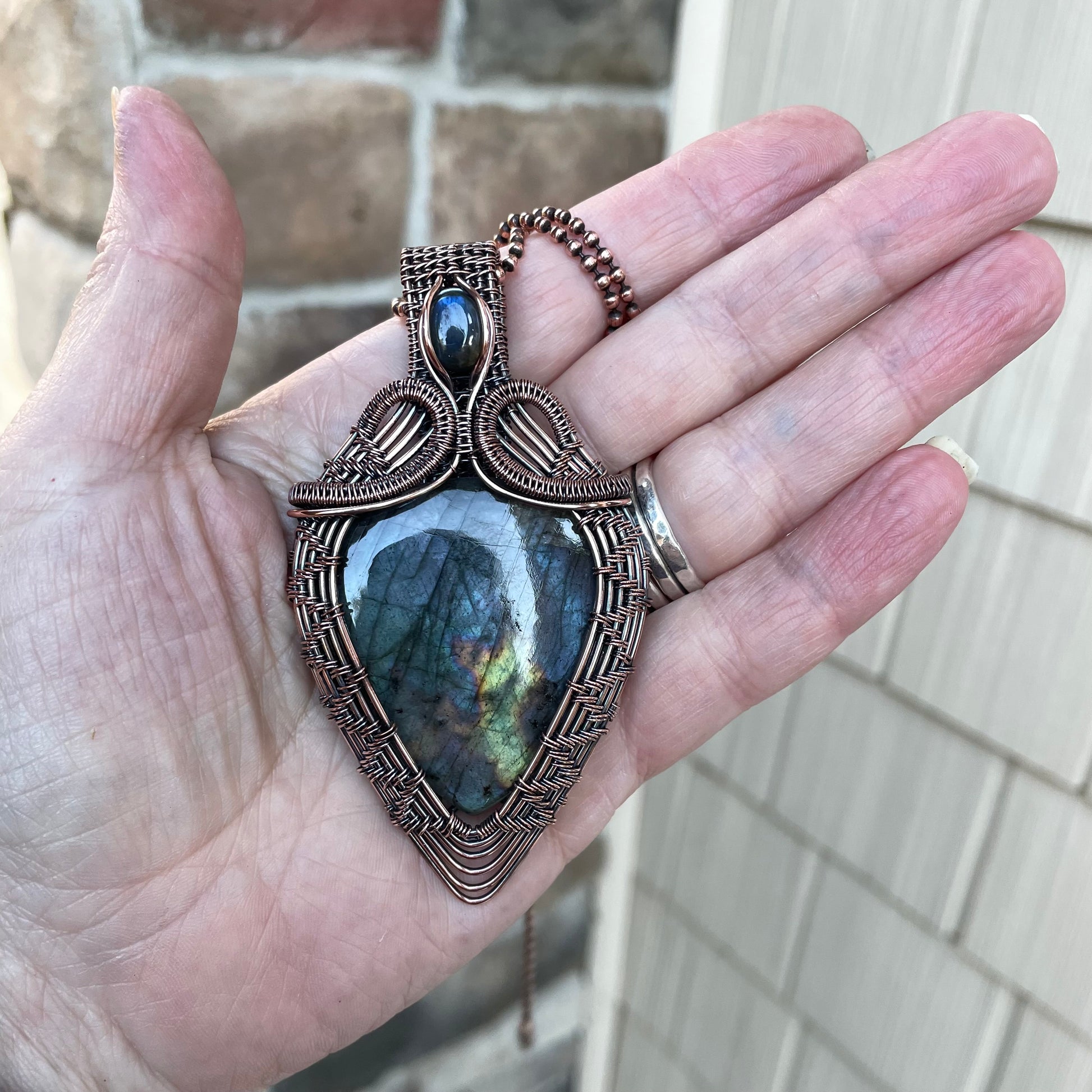 Blue Purple Labradorite Woven Copper Pendant