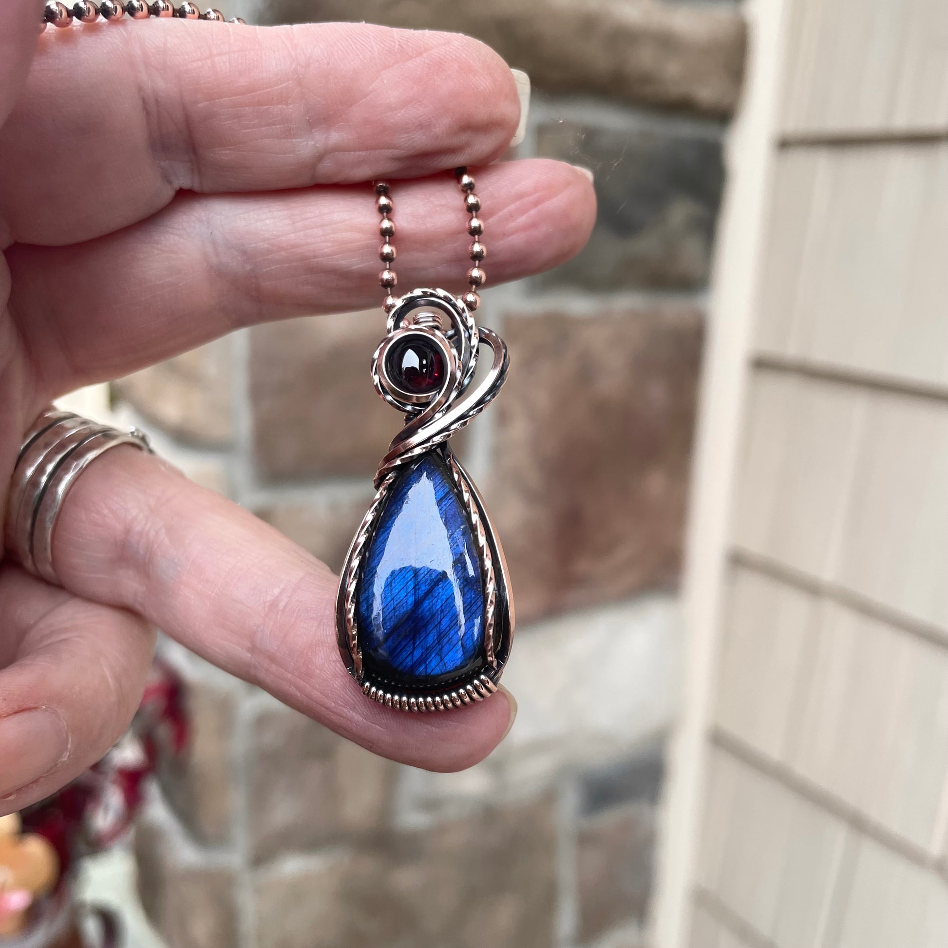 Blue Labradorite & Garnet Copper Pendant