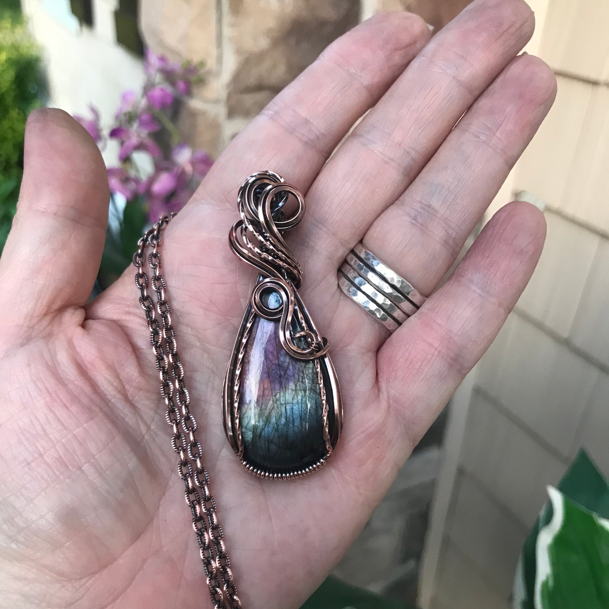 Green & Purple Labradorite Copper Pendant