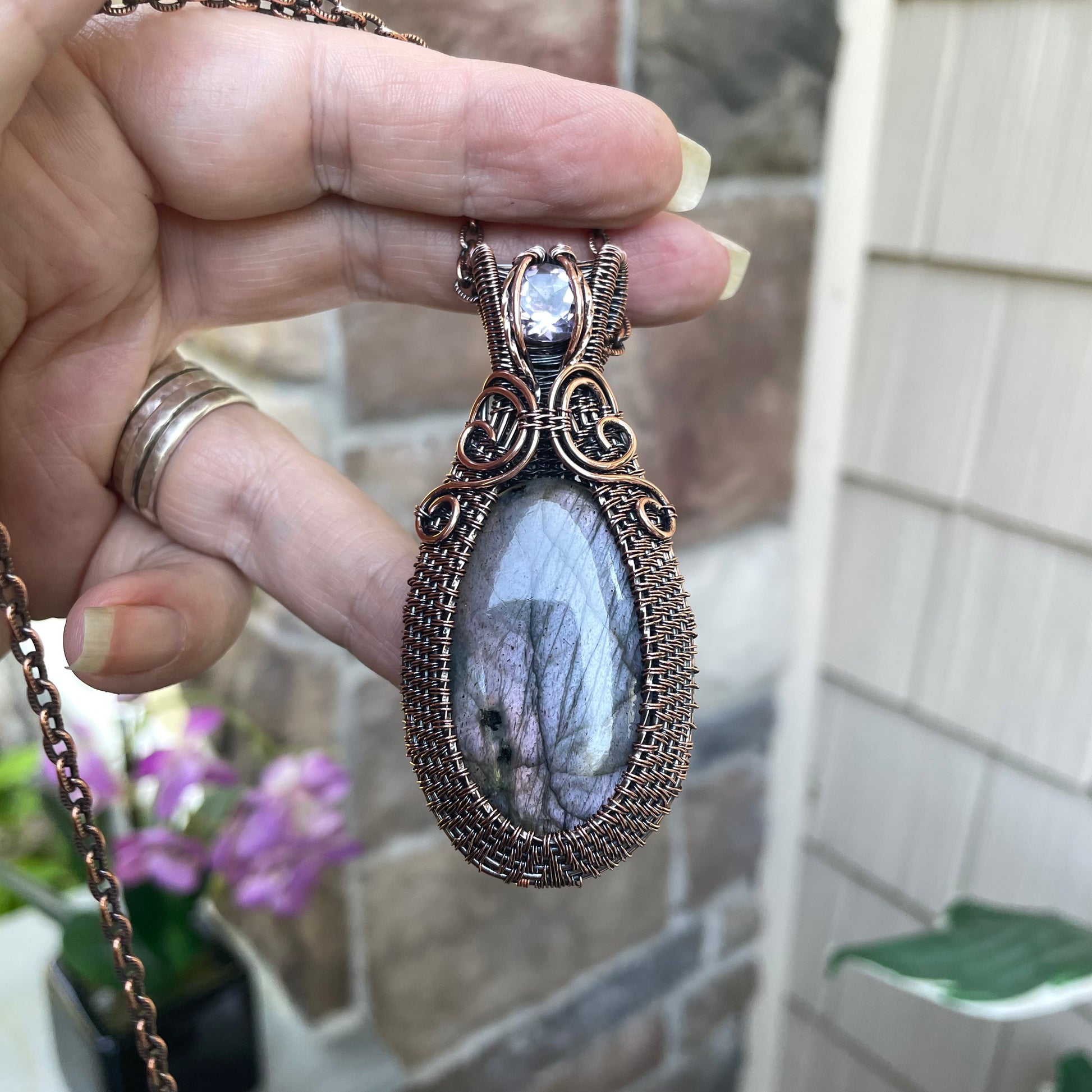 Purple Lavender Labradorite with Pink Amethyst Woven Copper Pendant