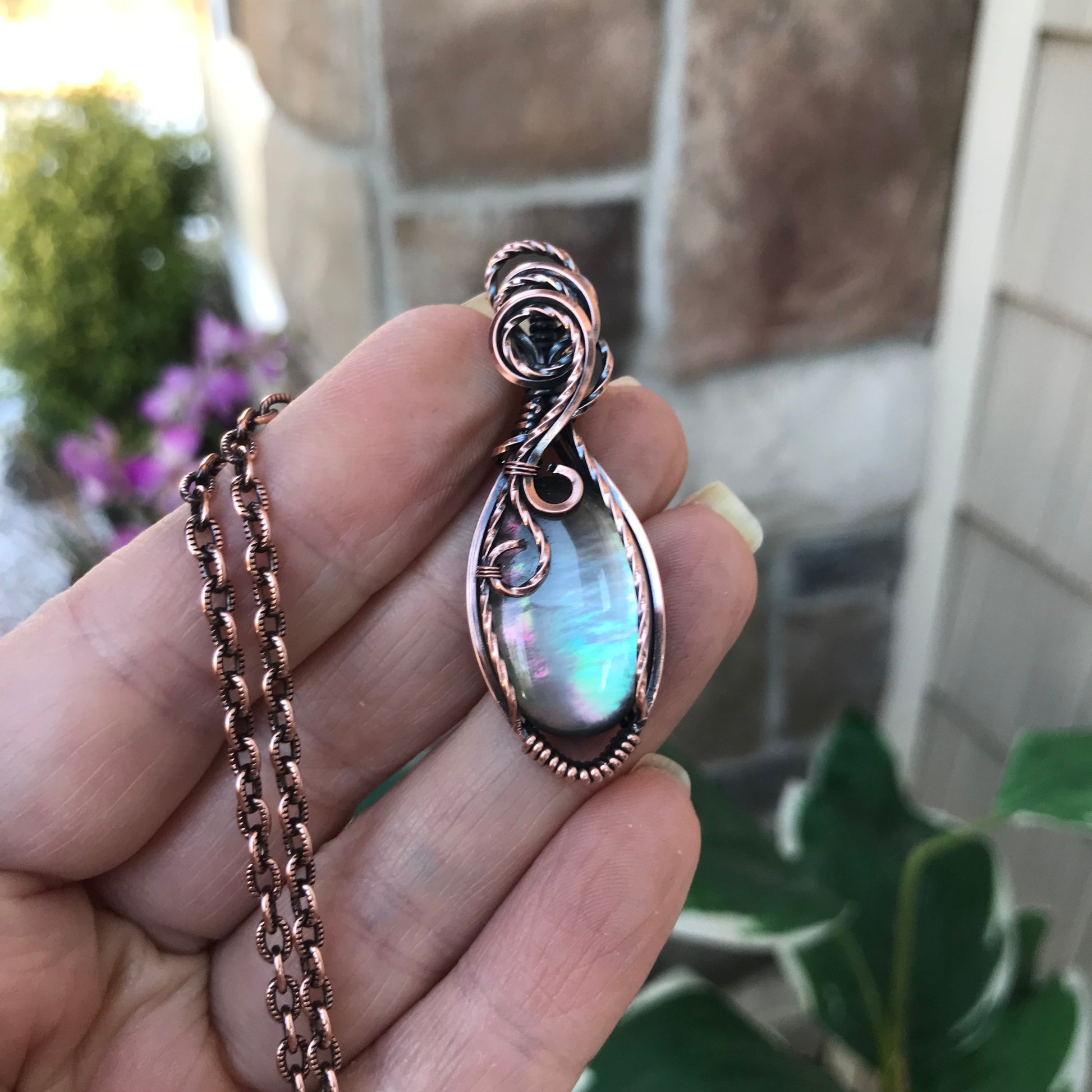 Mother of Pearl Crystal Quartz Doublet Oval Copper Necklace