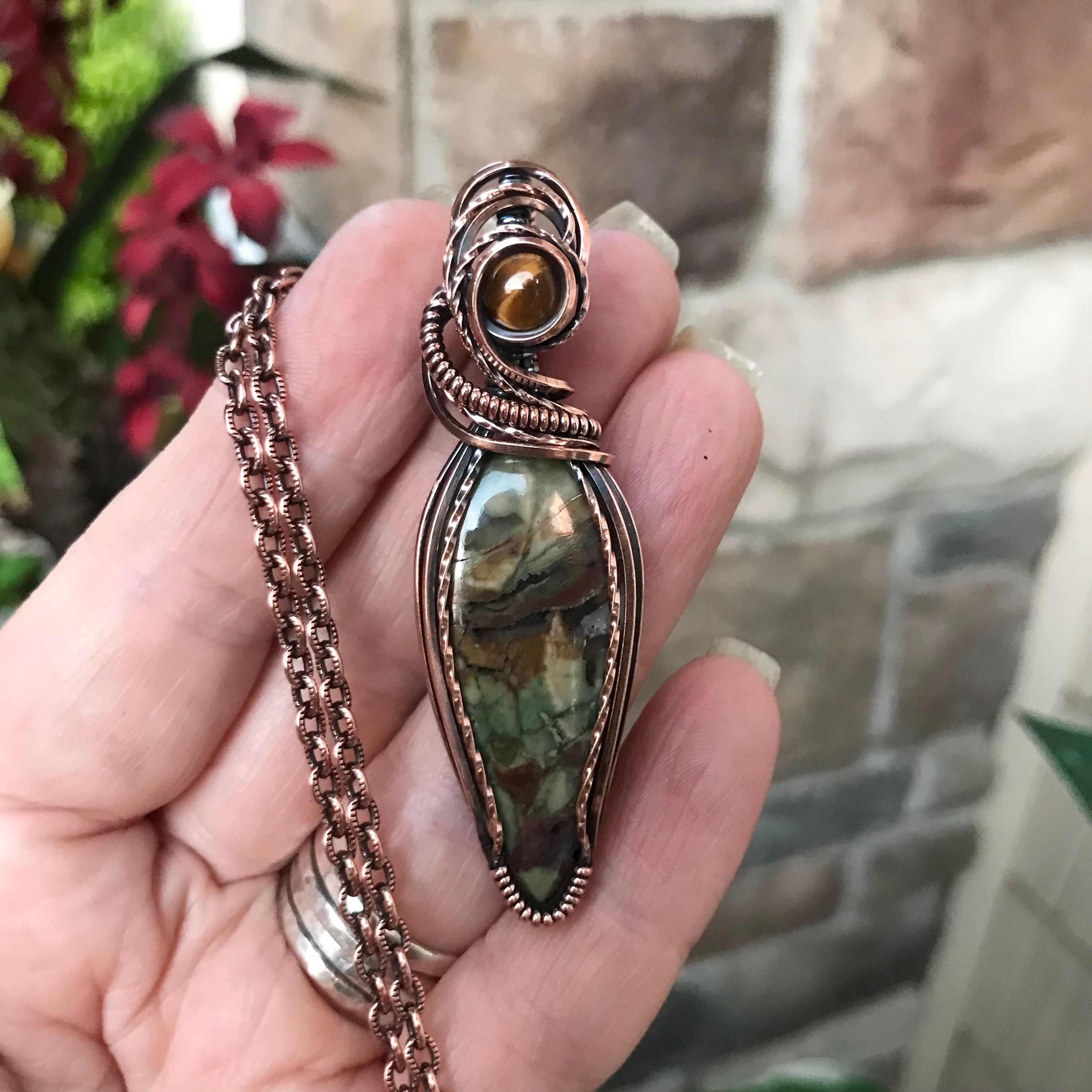 Rainforest Jasper & Tiger Eye Teardrop Copper Necklace