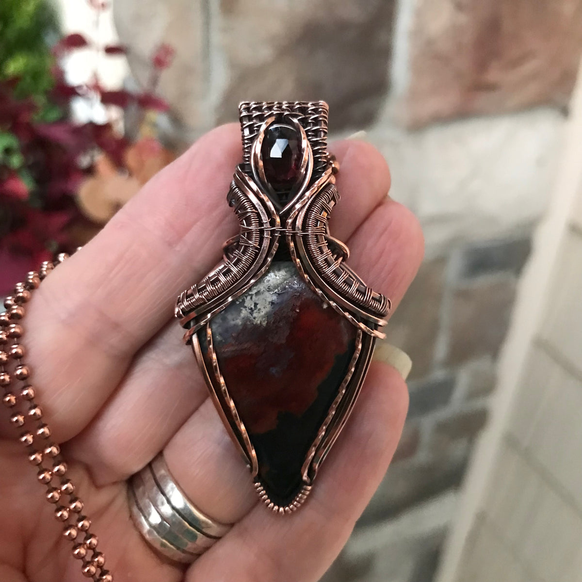 Crazy Lace Agate  & Garnet Copper Pendant with Weaving