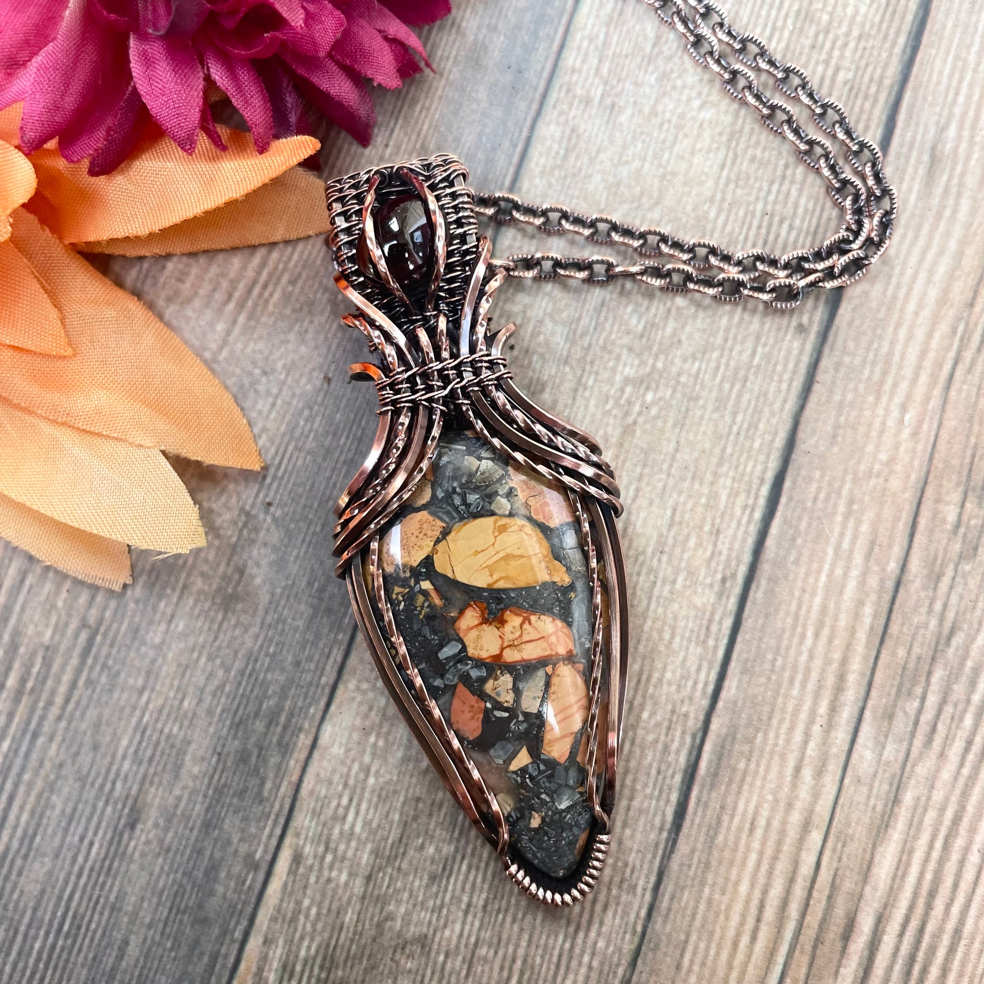 Maligano Jasper & Garnet Copper Pendant with Weaving