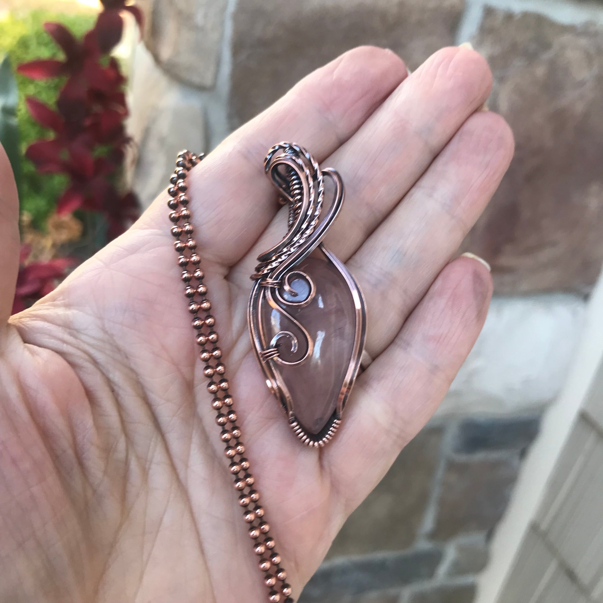 Rose Quartz Swirly Copper Pendant
