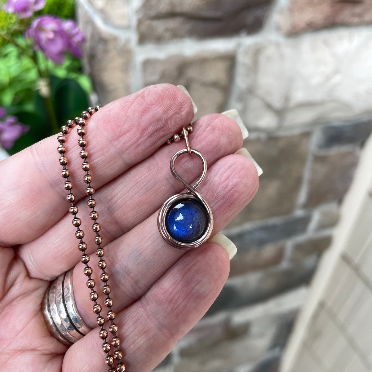 Blue Labradorite Round Mini Copper Pendant
