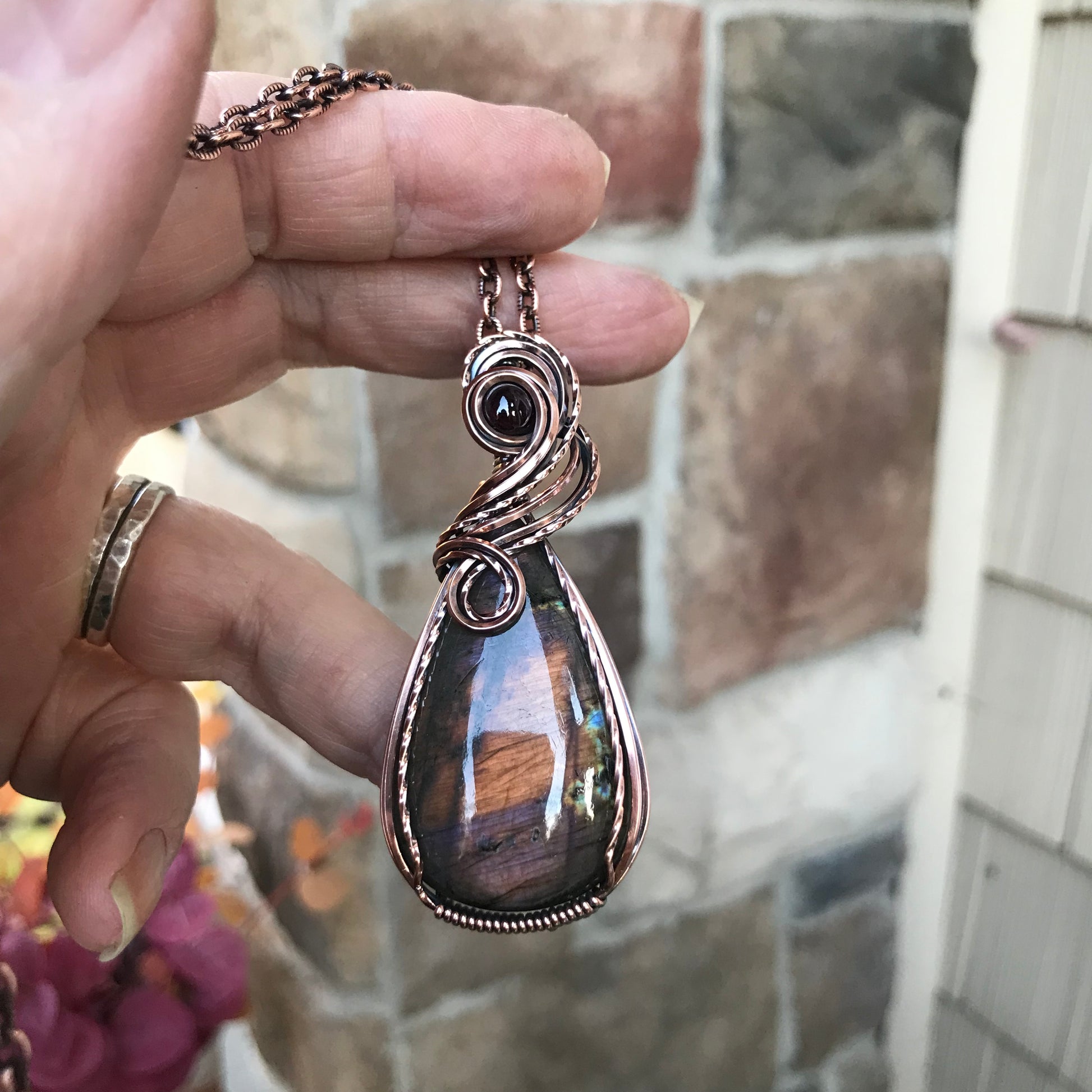 Burgundy Labradorite & Garnet Swirly Copper Necklace