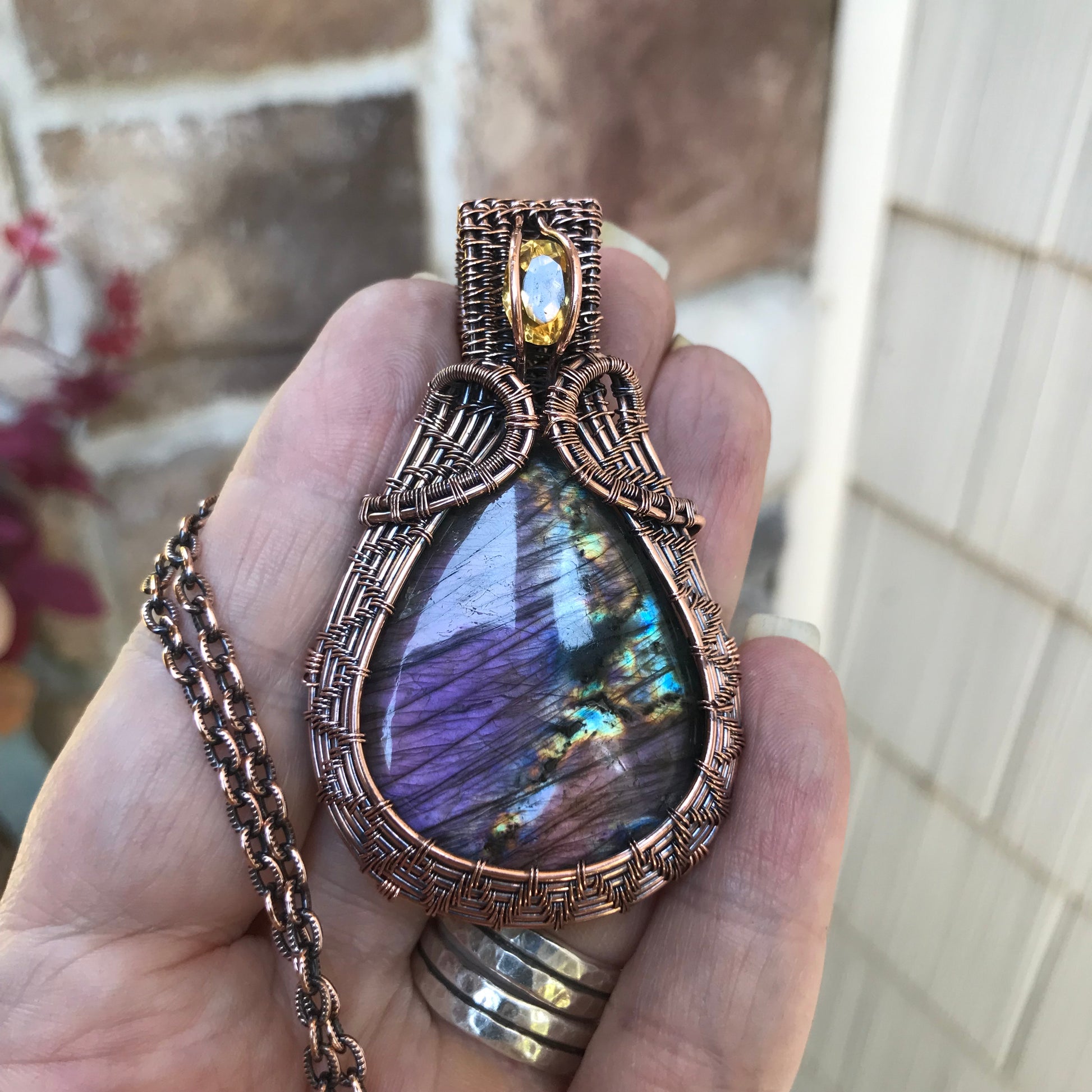 Purple Amber Labradorite & Honey Citrine Copper Woven Pendant