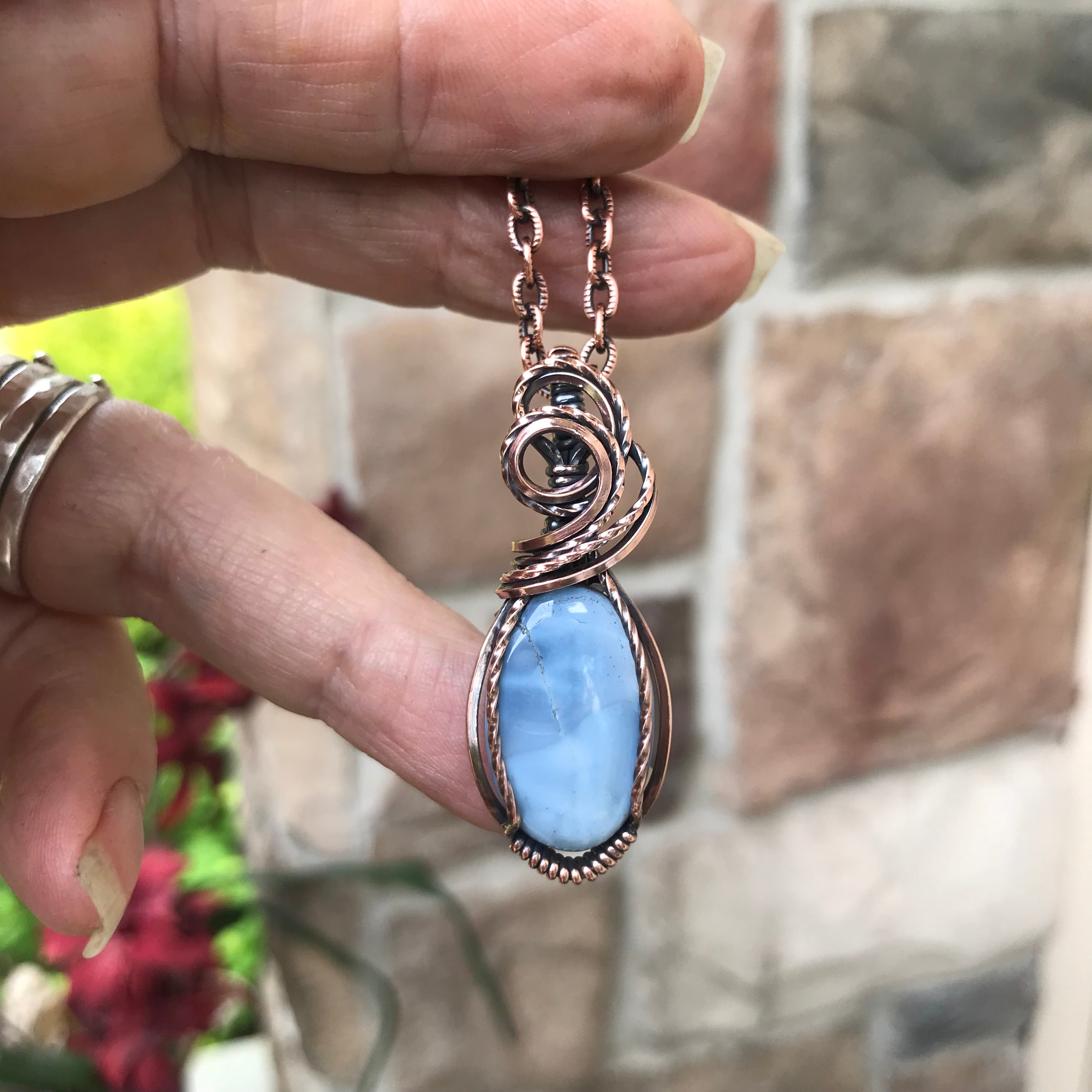 Blue Opal Oval Copper Pendant