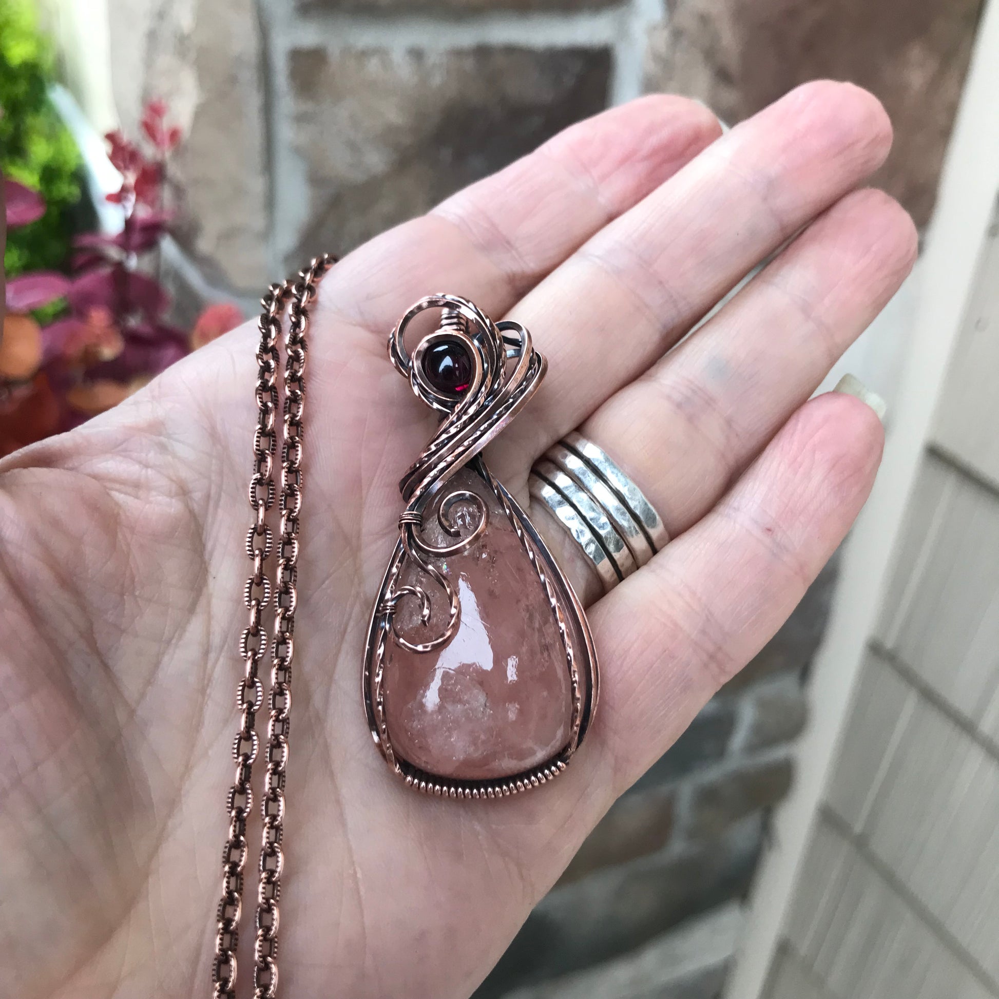 Morganite & Garnet Copper Swirly Necklace