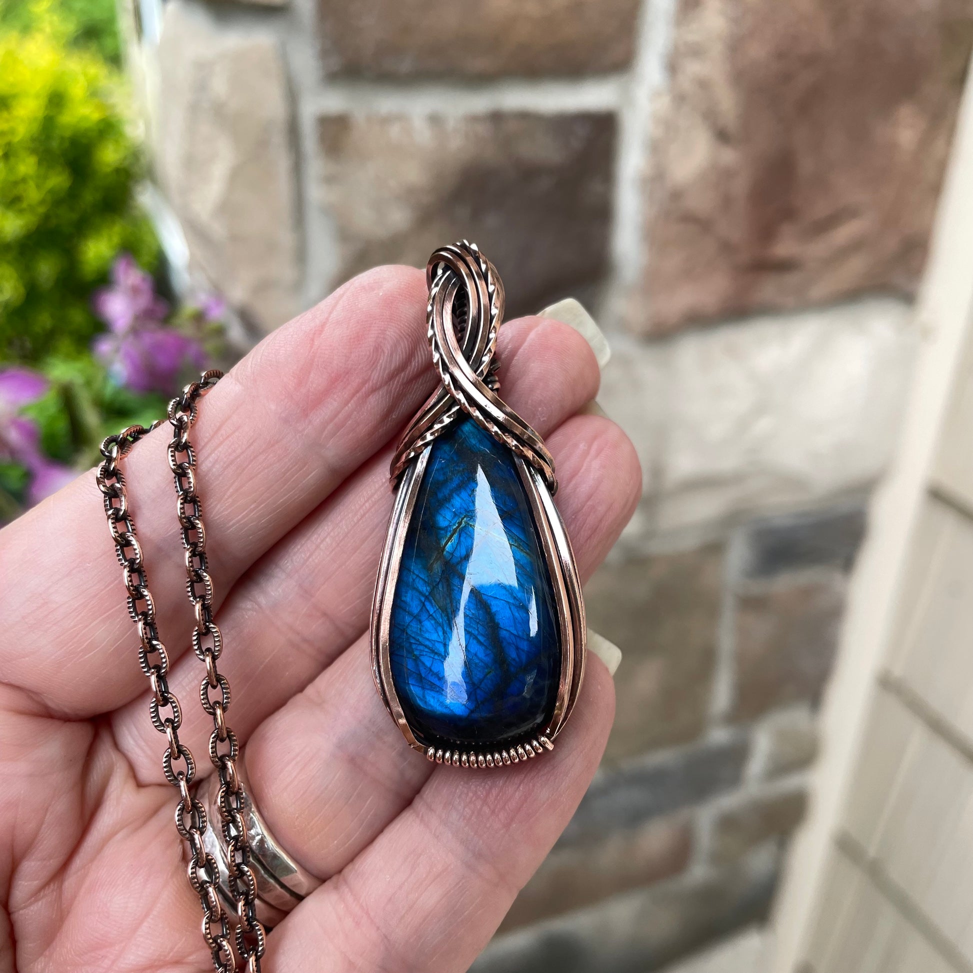 Blue Labradorite Criss Cross Copper Pendant