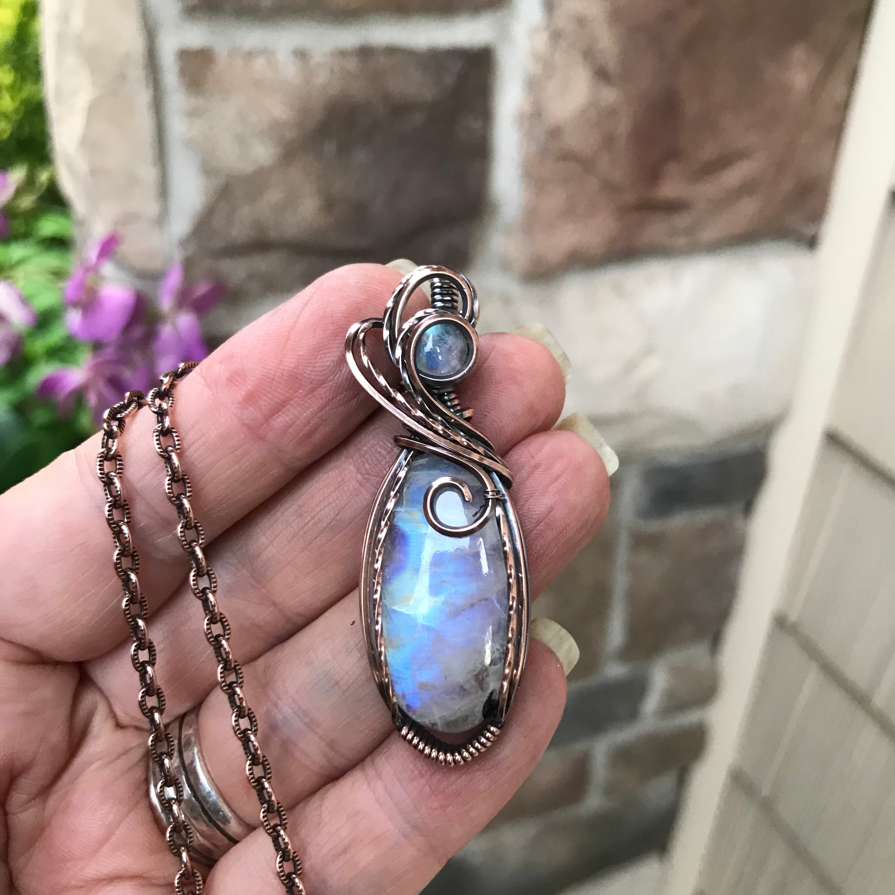 Moonstone with Tourmaline Swirly Copper Pendant