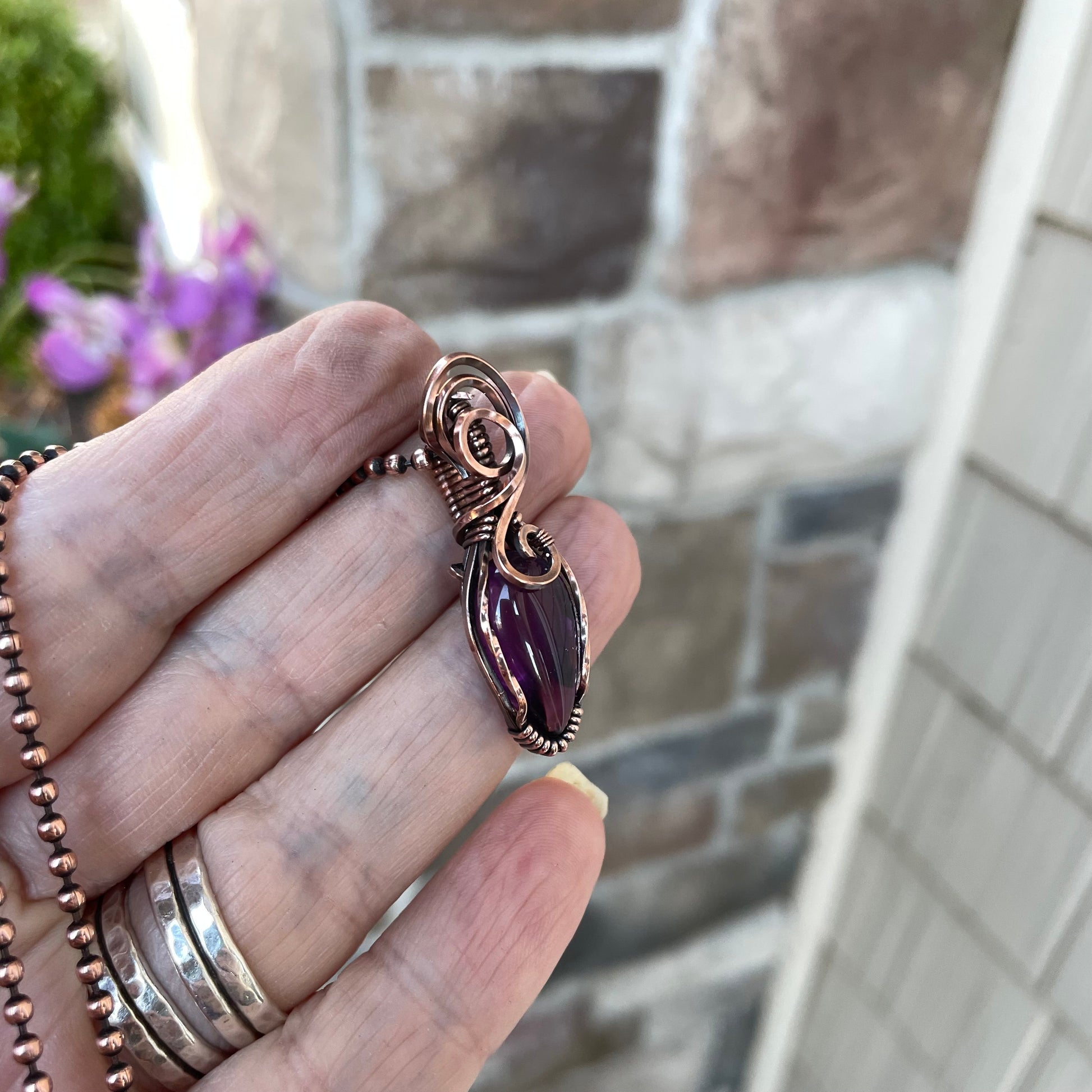 Amethyst Small Swirly Copper Pendant