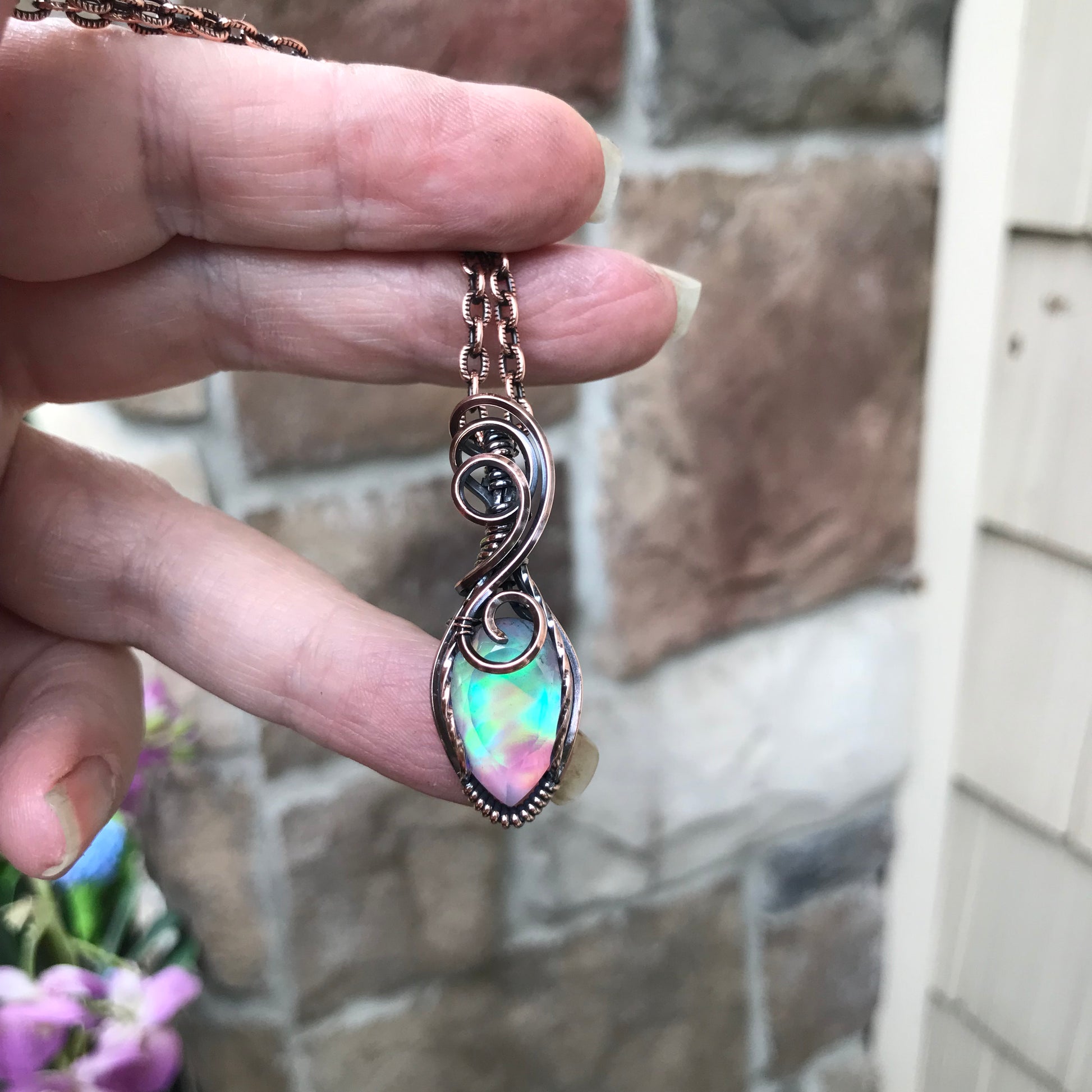 Aurora Opal Small Green Rainbow Copper Pendant