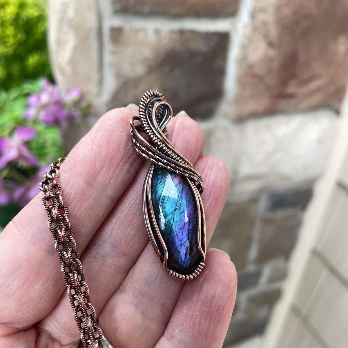 Blue Purple Labradorite Copper Pendant